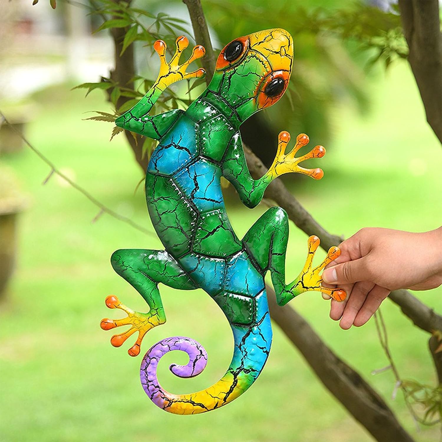 LSLANSOON 16.9 inch Metal Gecko Wall Decor, Wall Mounted Lizard Hanging Decoration for Home Garden Front Door (Green)