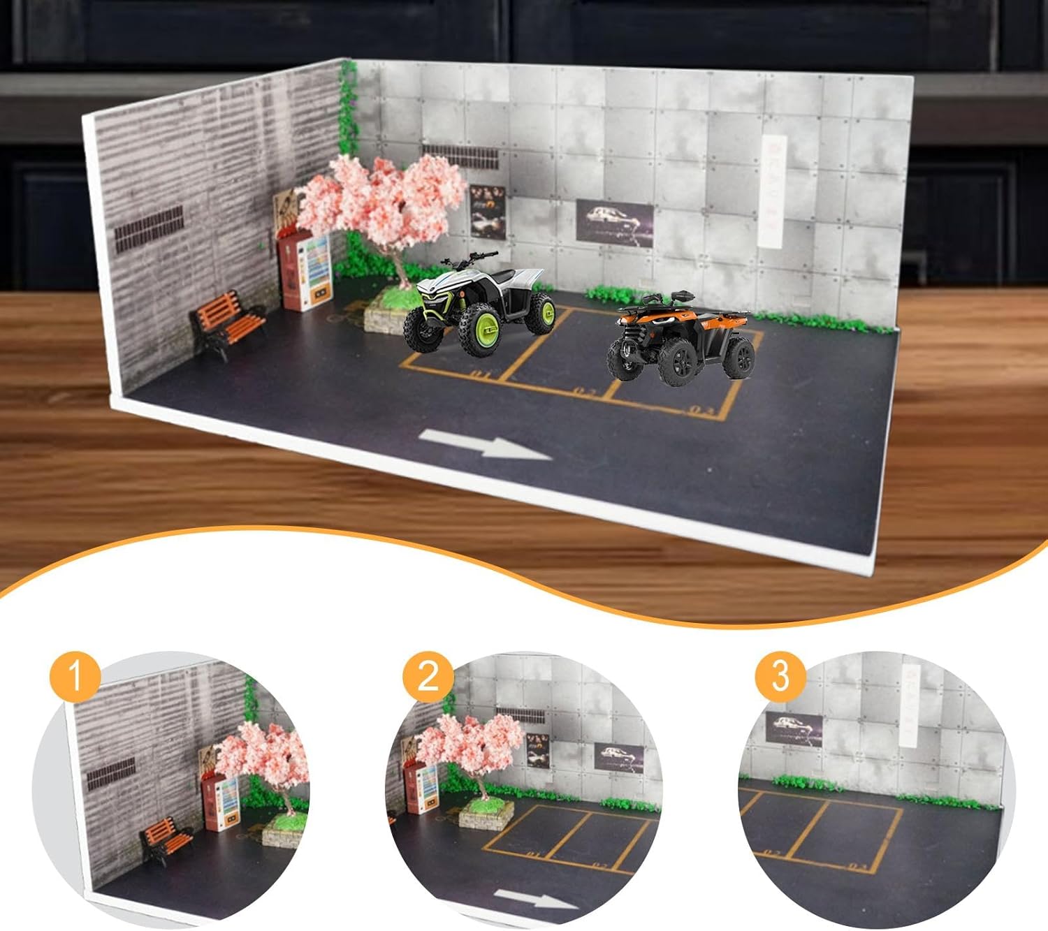 1/64 Parking Lot Scene Mini Alloy Car Model Garage Simulation Gift Japanese Street Vehicle Scene Toy for Accessories Layout, No Dust Cover