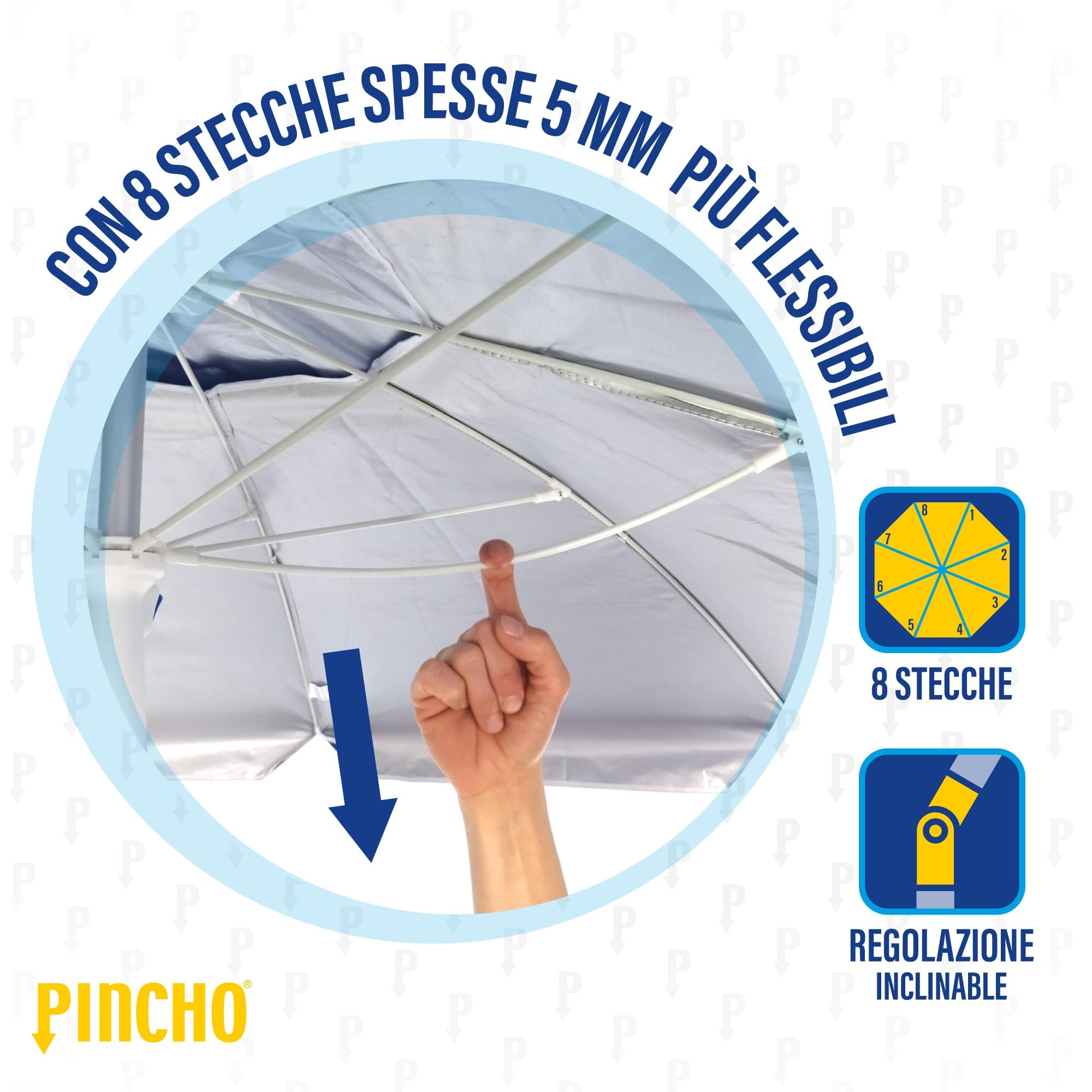 Pincho Ombrellone da Spiaggia Grande 240 cm, Ombrellone Mare Antivento 35 km/h, Protezione UV50, 8 Stecche Fibra di Vetro, Palo Inclinabile, Borsa e Picchetto Inclusi, Struttura Acciaio