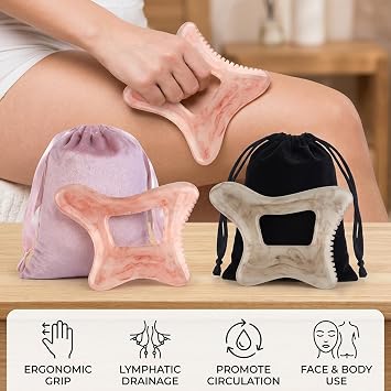 Lymphatic Drainage Brush and Gua Sha Tool, Cellulite Massager for Body and Face, Set of 4 Pieces in Pink, Black and Grey Colours, Ergonomic Design for Personal Care Routine