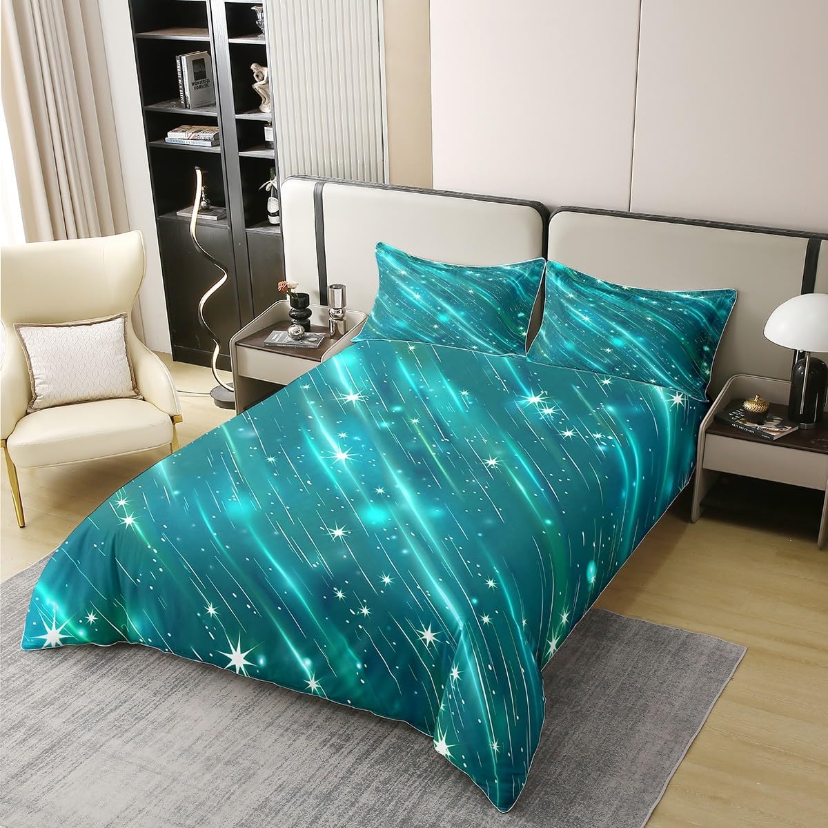 100% Nature Cotton Watercolor Green Galaxy Duvet Cover Queen Size,Retro Dreamy Starry Sky Stars Comforter Cover for Teens Youth,Abstract Swirl All Season Super Soft Bedding (Not Comforter)