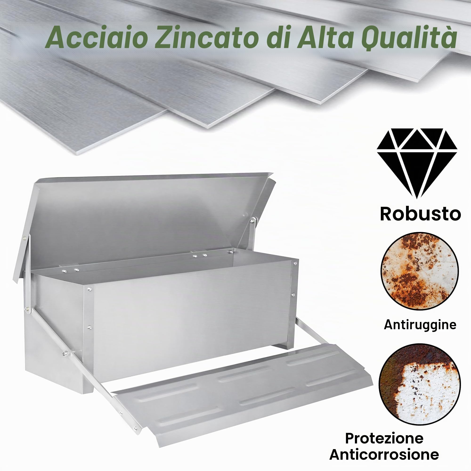 Mangiatoia automatica per polli in acciaio zincato, mangiatoia automatica con pedale e coperta, impermeabile e a prova di ratti, mangiatoia per pollame