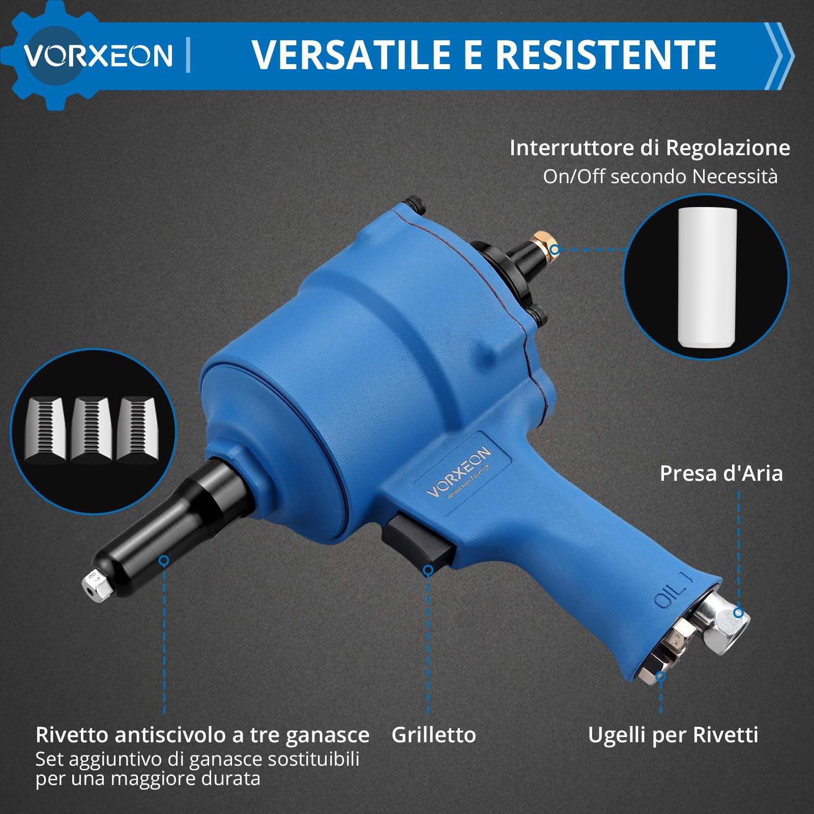 Set Rivettatrice Pneumatica Autoaspiranti, Forza di Trazione 1000KGF Con 4 Bocchette (2,4 mm, 3,2 mm, 4,0 mm, 4,8 mm) Pistola Rivettatrice ad Aria Compressa per Uso Domestico