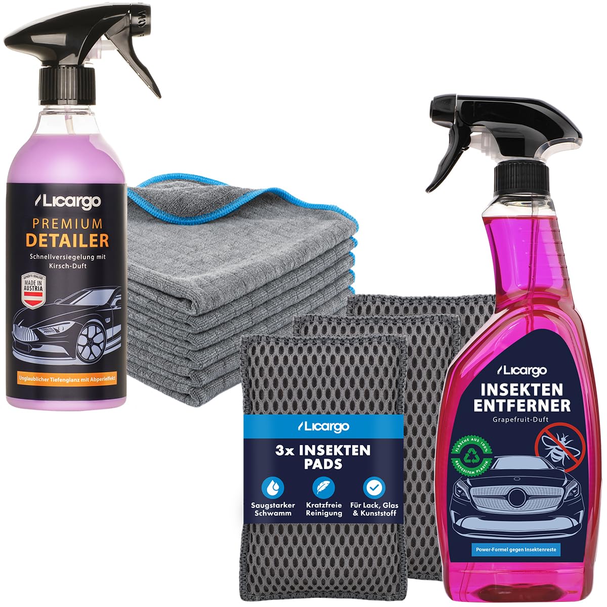 LICARGO® Autopflege Set – Insektenentferner 750ml, Insektenschwämme (3X), Detailer 500ml & Mikrofasertücher (6X) – Auto Reinigungsset für Lack, Glas & Kunststoff – Glanzpflege & Insektenentfernung