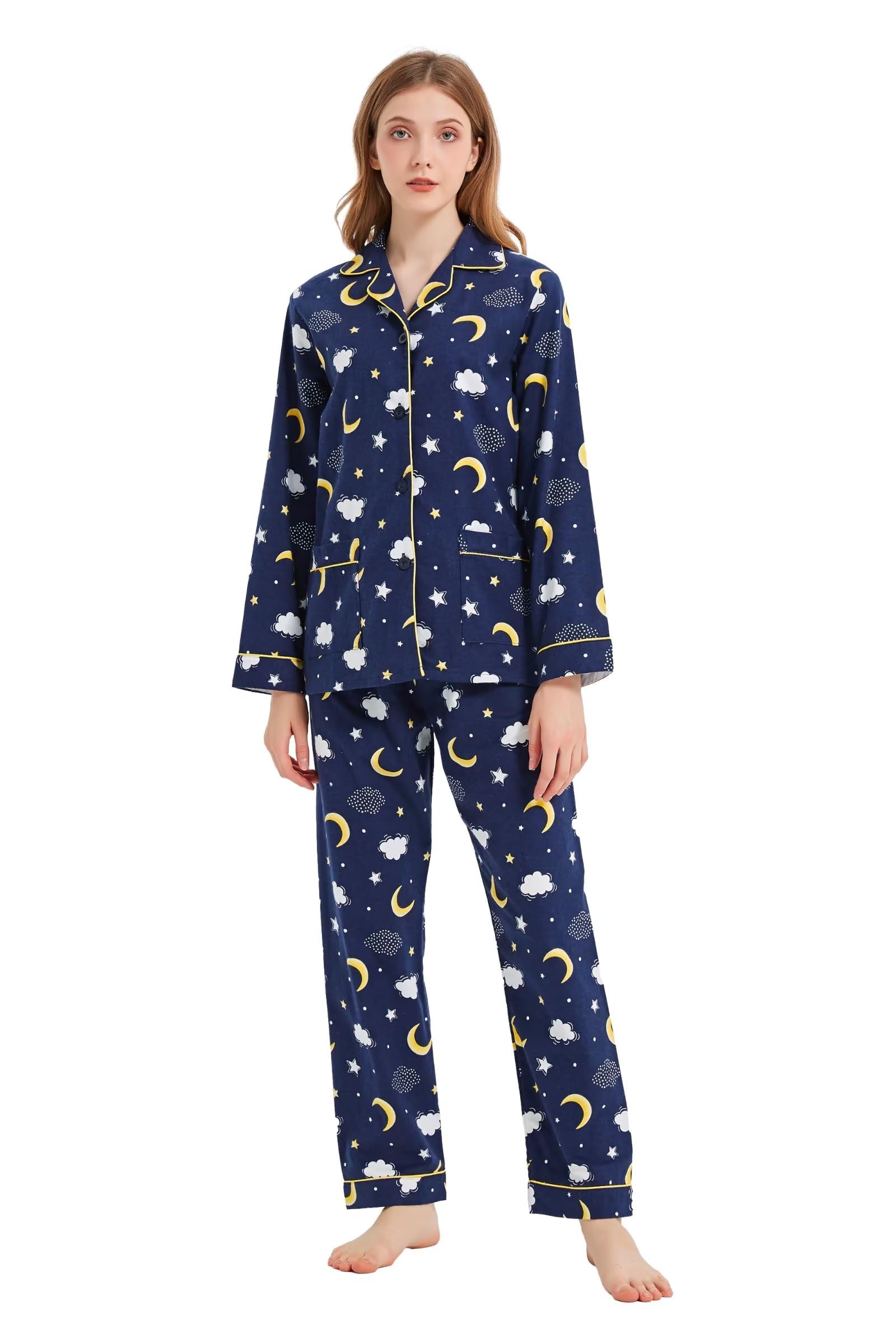 kolipajam Women's 100% cotton Flannel Pyjama Set Cozy Drawstring Waist Winter PJs for Women