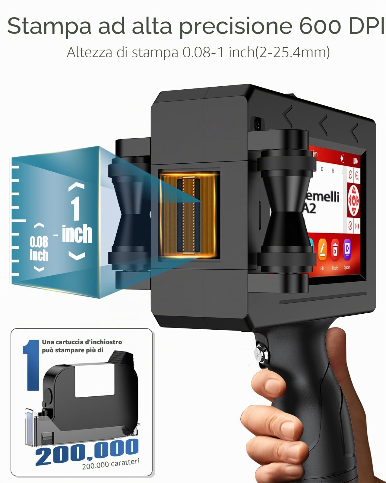 A2 Stampante Palmare Portatile,Stampante a Getto D'inchiostro con Touch Screen da 4,3 Pollici per Logo/Immagine/Data di Produzione/Numeri/Lotto/Codice QR/Codice a Barre(Altezza di stampa 2-25,4 mm)