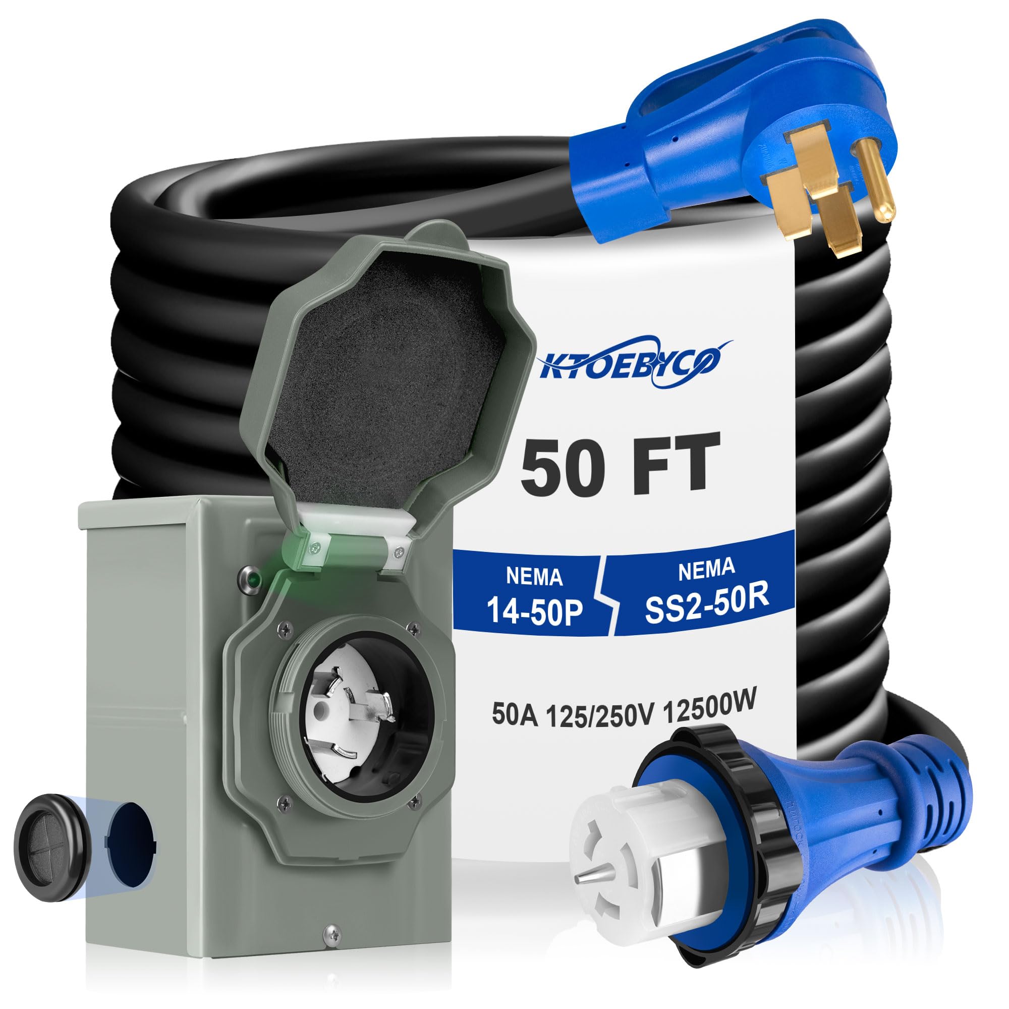 50 Amp Generator Cord and Inlet Box Combo Kit, 50FT NEMA 14-50P to SS2-50R Cord, Pre-Drilled Inlet Box, Waterproof, UL & ETL Listed