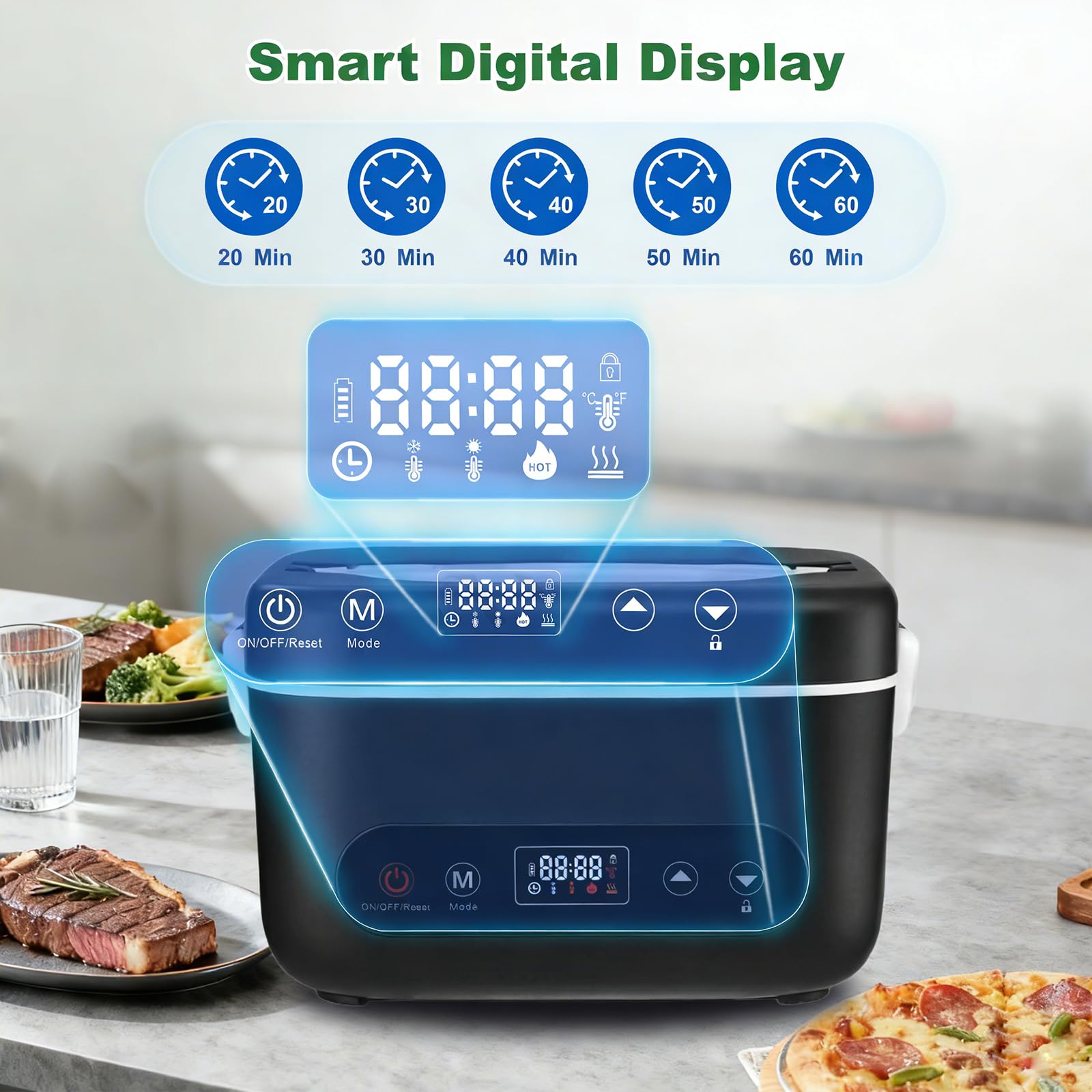 Fiambrera Eléctrica Inalámbrica, Fiambrera Calefactable a Batería para Adultos Calentador de Alimentos Portátil de Acero Inoxidable con Vajilla y Bolsa Aislante para Coche Trabajo Viajes(1,2L)