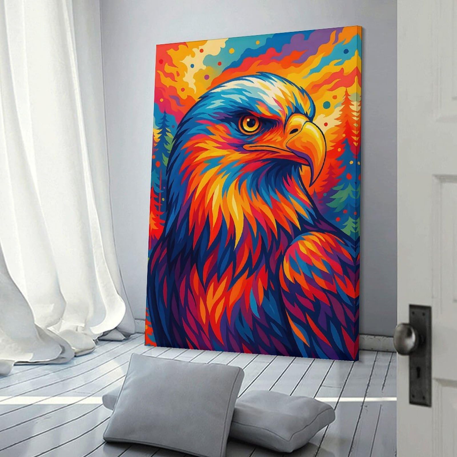 Junmoney Colorful Eagle Portrait with Forest Background Canvas Art Print, 08x12inch(20x30cm), for Wall Displays, Bedrooms Or Room Updates, Home Wall Art for Statement Displays