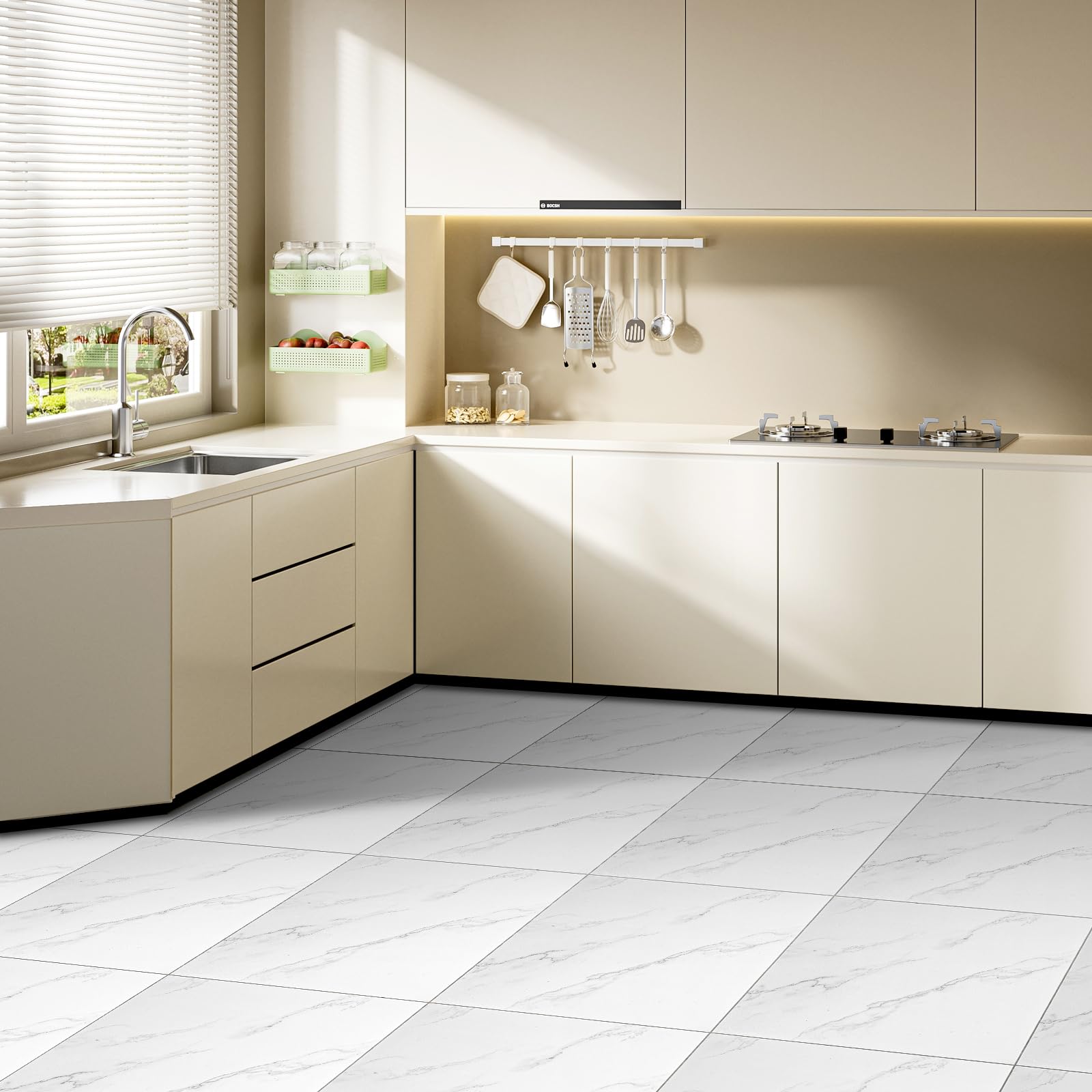 CYEER 40 rivestimenti per pavimenti in PVC, autoadesivi, 30 x 30 cm, in vinile, effetto marmo, bianco, impermeabili, per bagno, cucina e corridoio, set di ristrutturazione fai da te per circa 3,6 m²