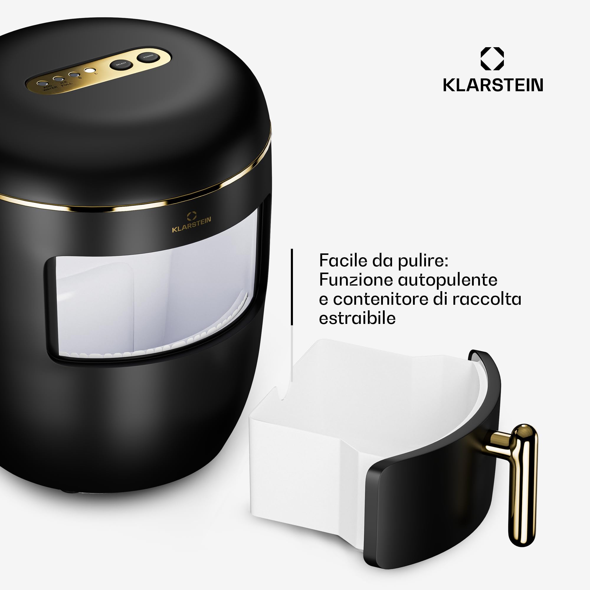 KLARSTEIN Macchina Ghiaccio 2.3L,Macchina del Ghiaccio Professionale,Fabbricatore Ghiaccio Secco fino a 15kg,Cubetti di Grandi e Piccole Dimensioni,Macchina Ghiaccio Casa Autopulente,Ice Maker,Oro