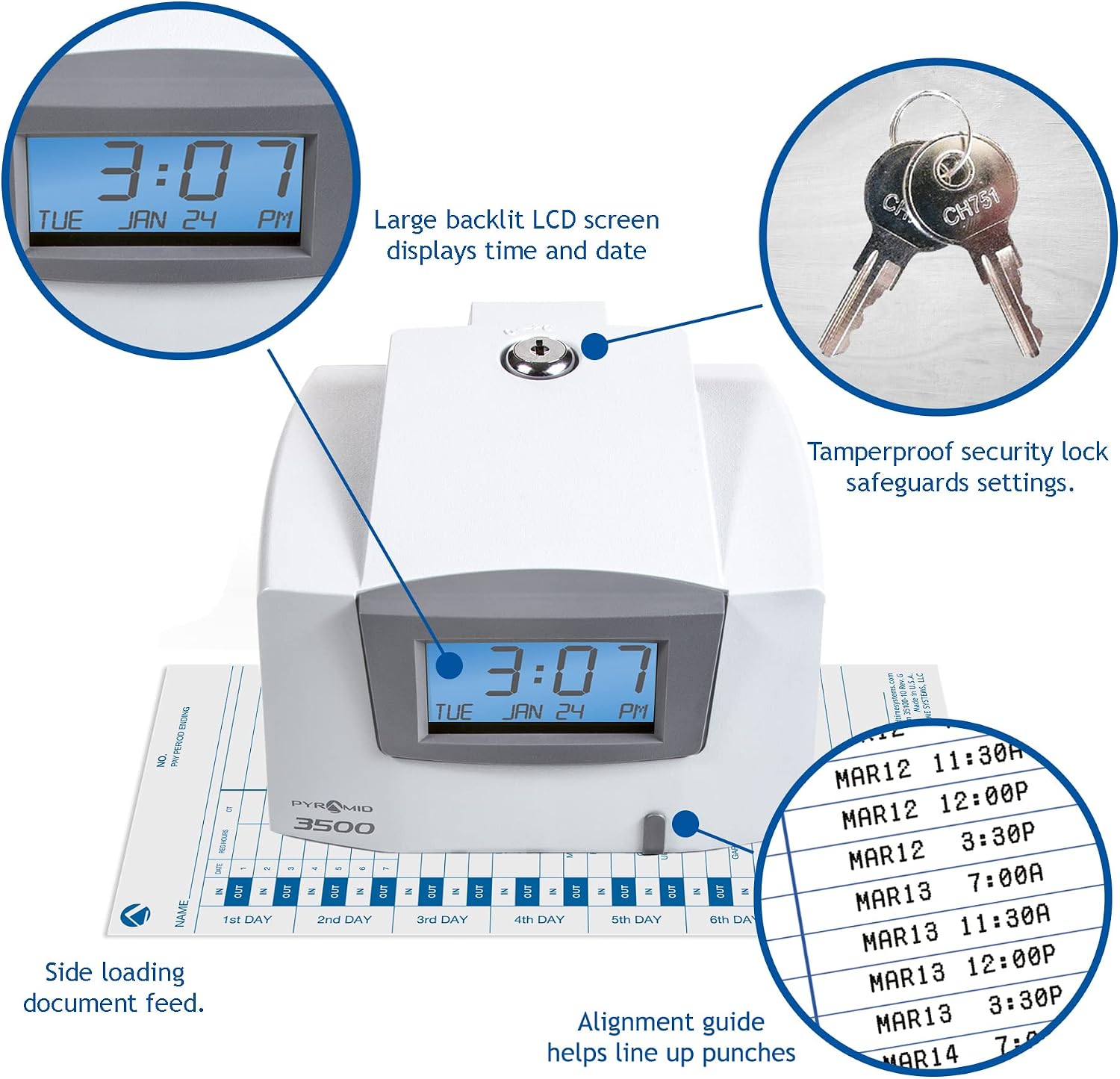 Pyramid Time Systems, 3500 Time Clock & Document Stamp, includes Pyramid 3500 Time Clock & Document Stamp, 25 Time Cards, 2 Ribbons & 2 Security Keys
