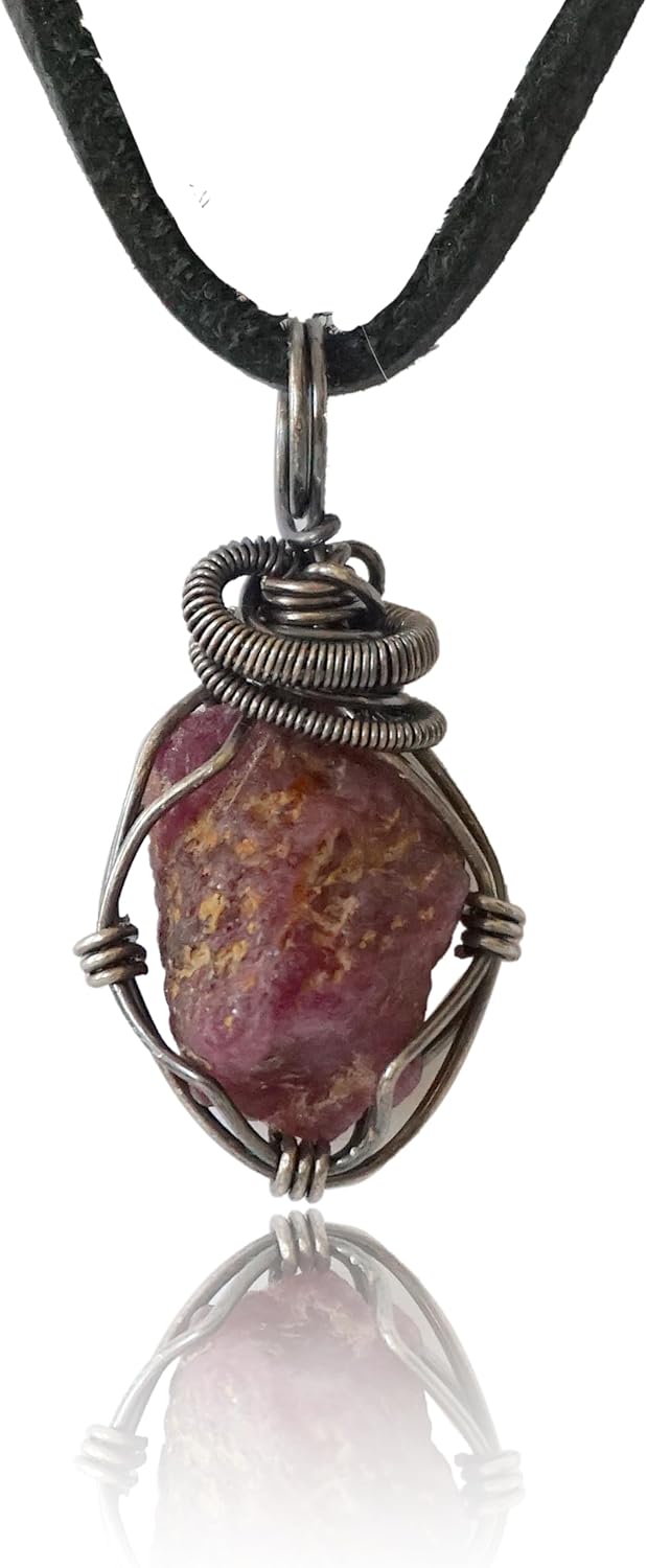 Raw Sapphire, Emerald, Ruby & Opal Pendants in Antiqued Sterling Silver with 24 Black Leather Necklace  Birthstone Jewelry for Men