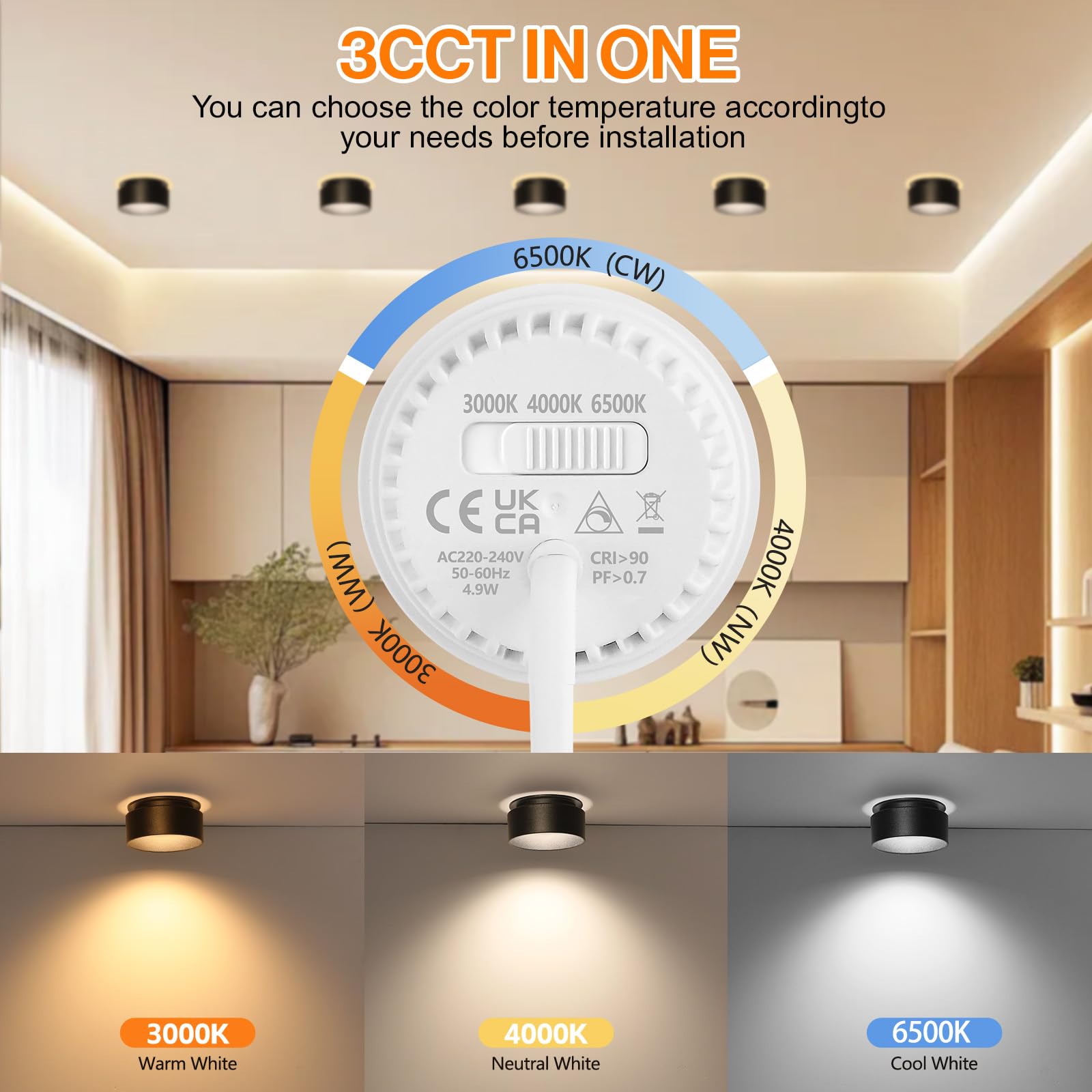 KYOTECH 4 Stücke Deckenstrahler mit indirektem Licht Schwarz LED Einbau Deckenlampe inkl. Leuchtmittel Dimmbar 3CCT 4.9W 500LM austauschbar LED modul 3000K/4000K/6500K Einbau Design Spot