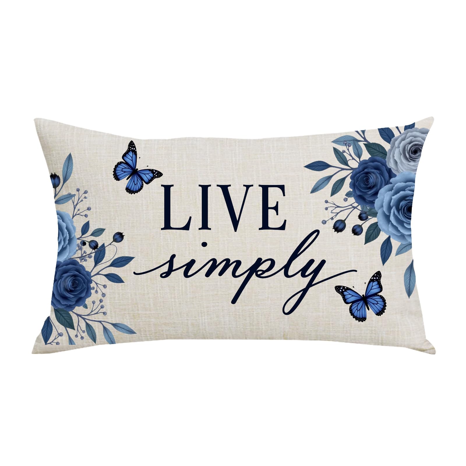 WENIANRU Ink Painting Watercolor Blue Flowers Butterflies Live Simply Home Sofa Chair Bed Decoration Lumbar Pillowcase Cotton Linen Decorative Throw