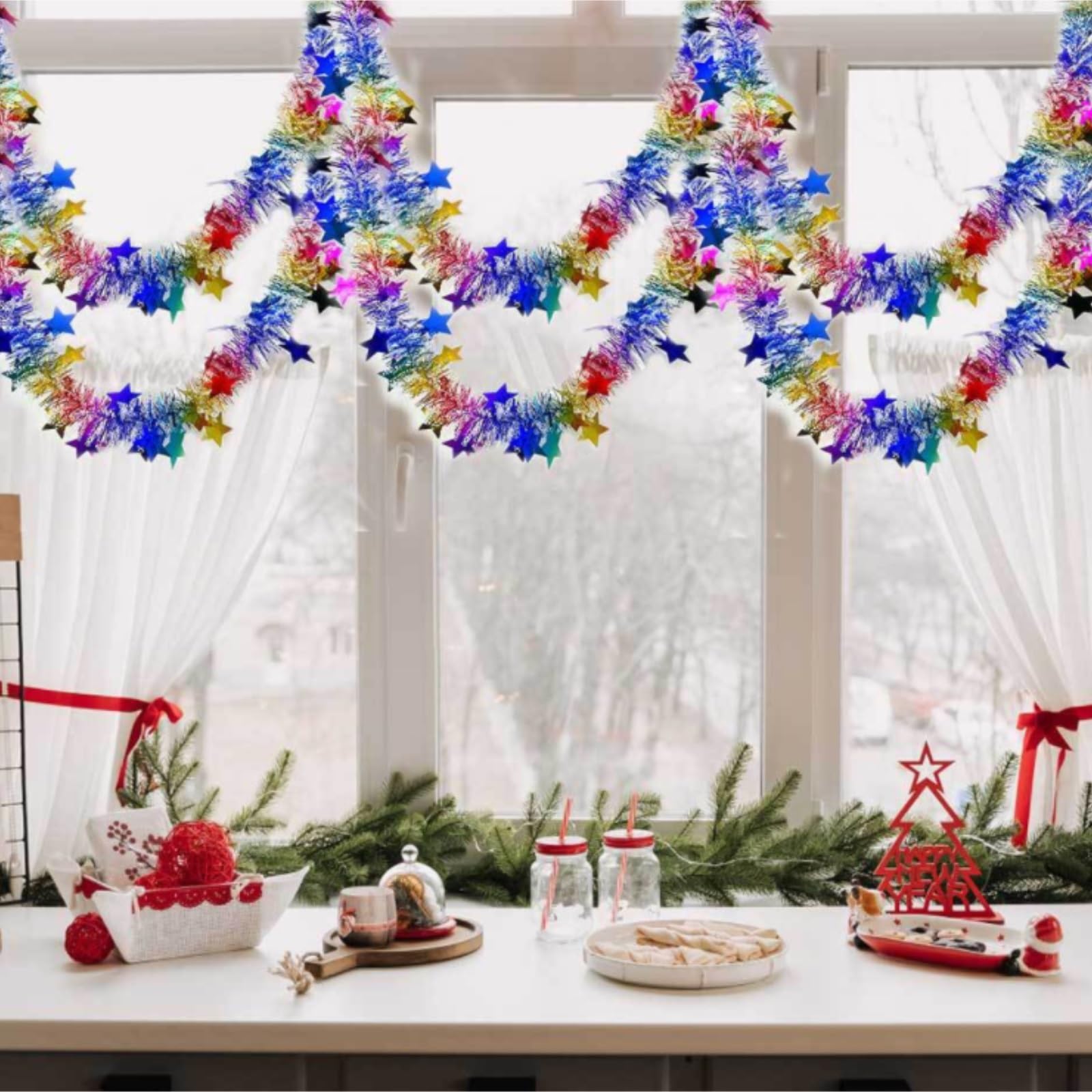 Decoración De Ventana Guirnaldas Navideñas De Oropel Metálico con Forma Espiral, Adornos Colgantes For Fiestas Pared Y Adornos Navideños(B,1.5M)
