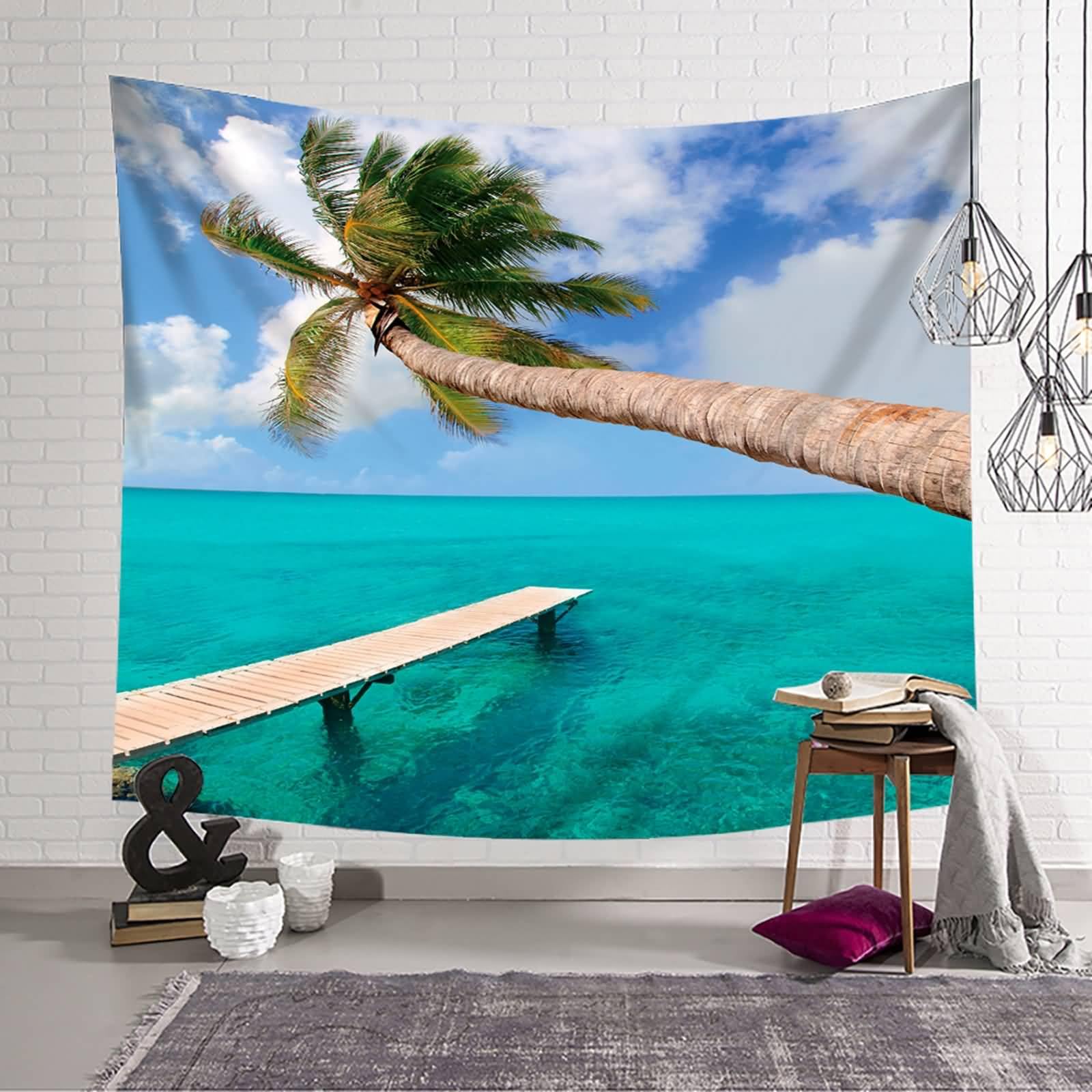 Landschaft Tapisserie Wandbehang | Polyester Kokosnussbaum mit Meerblick Wandbehang Dekoration für Wohnzimmer Schlafzimmer & Schlafsaal | Blau Grün, 350x256cm