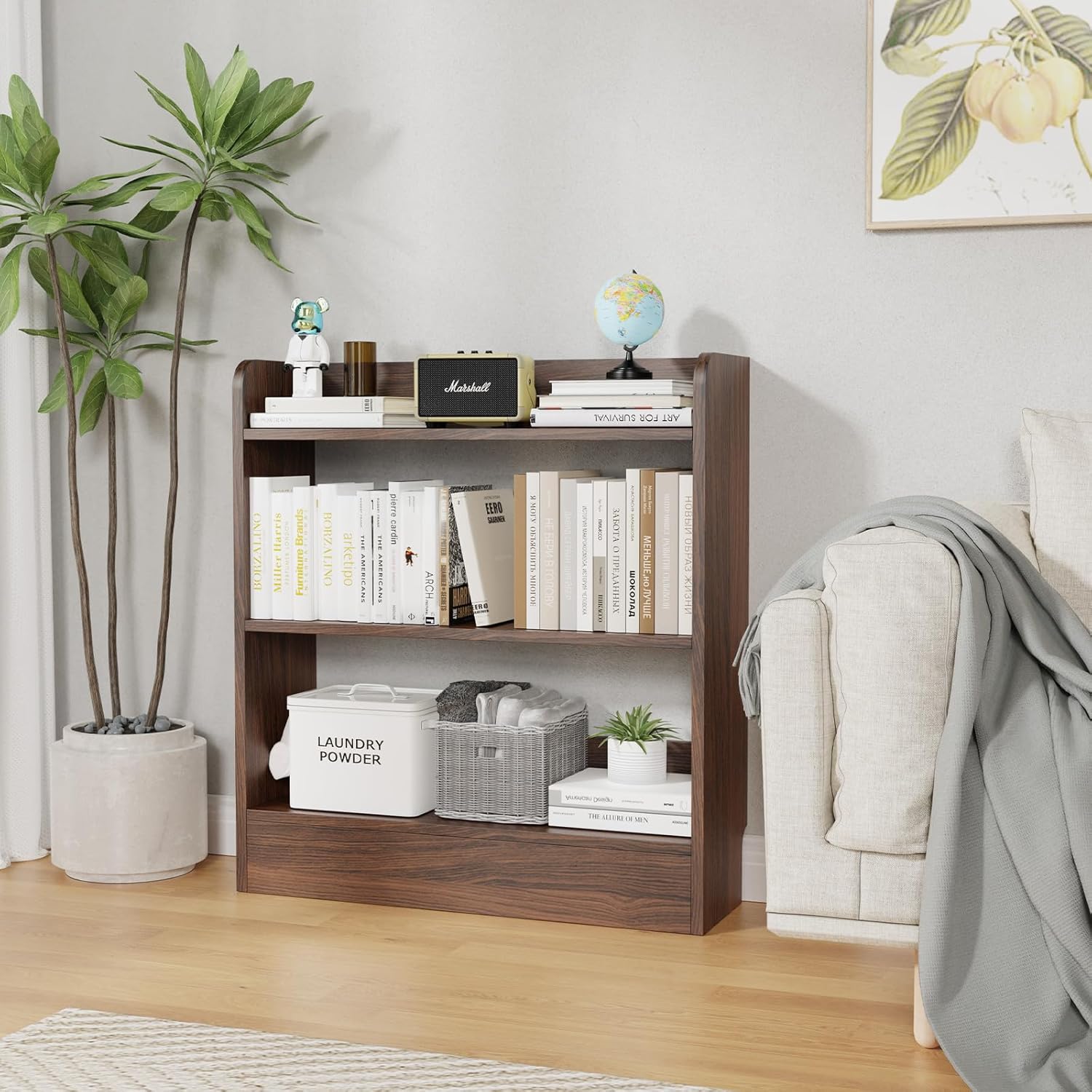 Lkeiyay 3-Tier Wooden Open Bookcase with Seamless Fit Wall,Space Saving Modern Display Bookshelf with Top Edge,Storage Cabinet Easy Assembly for Living Room,Bedroom,Study Walnut