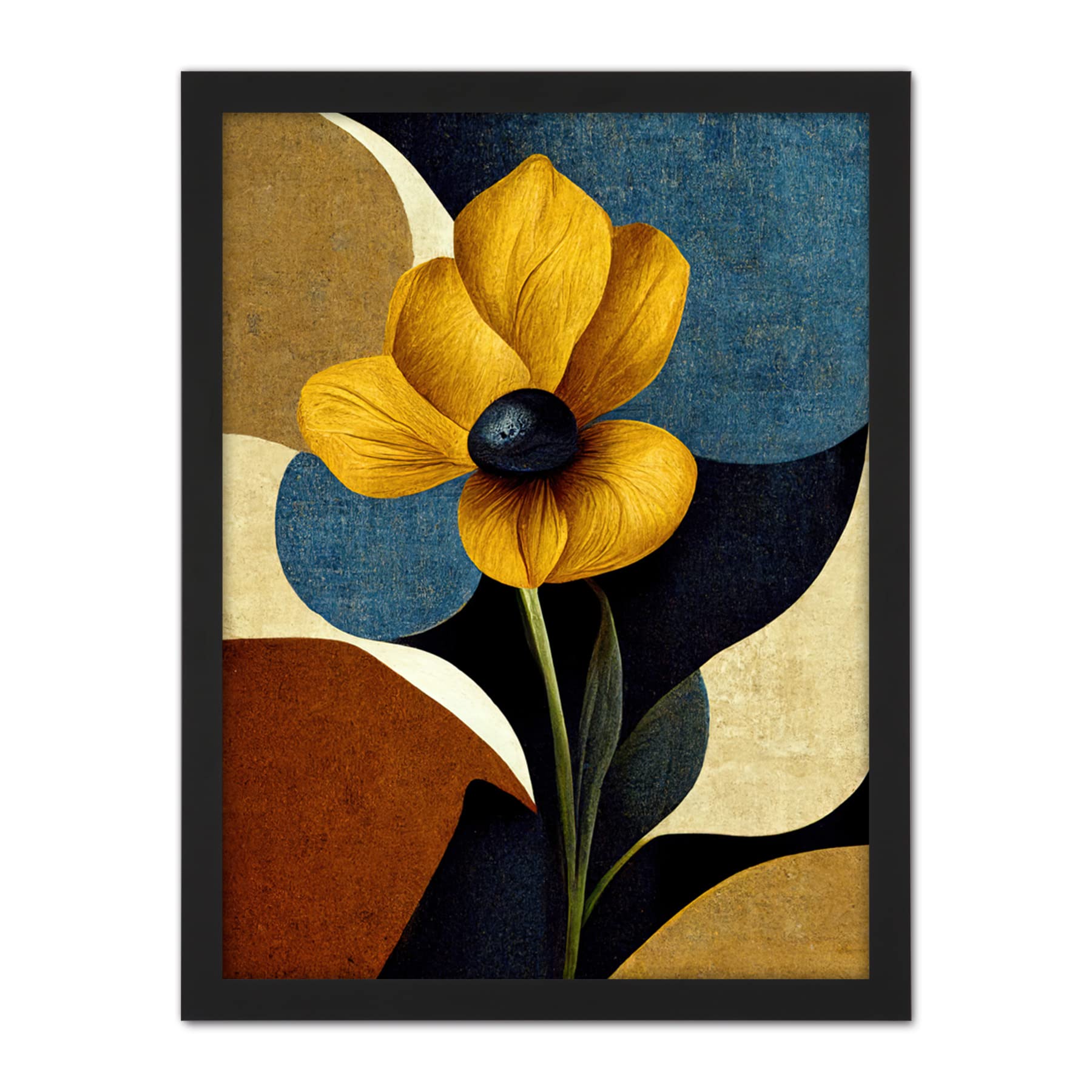 Wee Blue Coo Blue Mustard Ochre Copper Autumnal Abstract Stem Flowers Painting Artwork Framed Wall Art Print 18X24 Inch