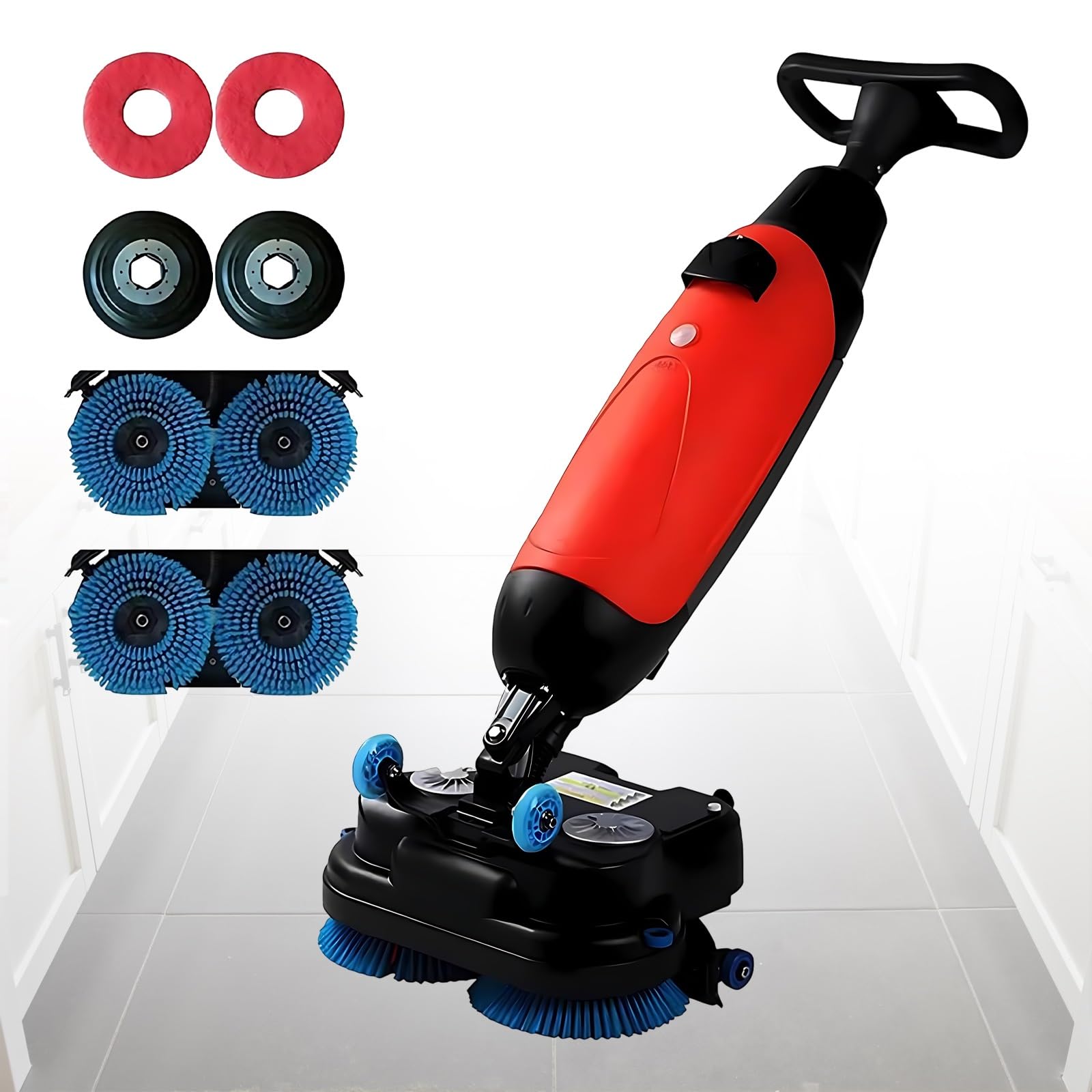 Industrial Walk-Behind Floor Scrubber, 18" Cordless Scrubber Machine, Dual-Brush Battery Powered Buffer Polisher with 360 Degree Swivel Head, Super Quiet Commercial Cleaner for Clinic and Office(Red)