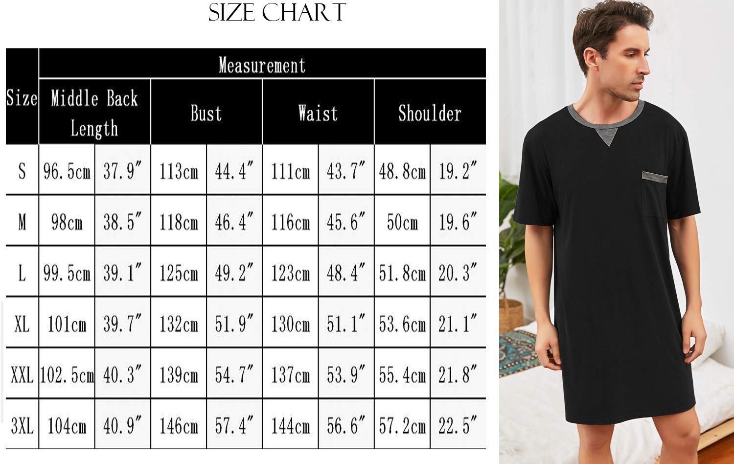 Enjoyoself Herren Baumwolle Pyjama Tops Weich Atmungsaktiv Nachthemd Knielang Nachtshirts Kurzarm Nachtwäsche Lounge Wear