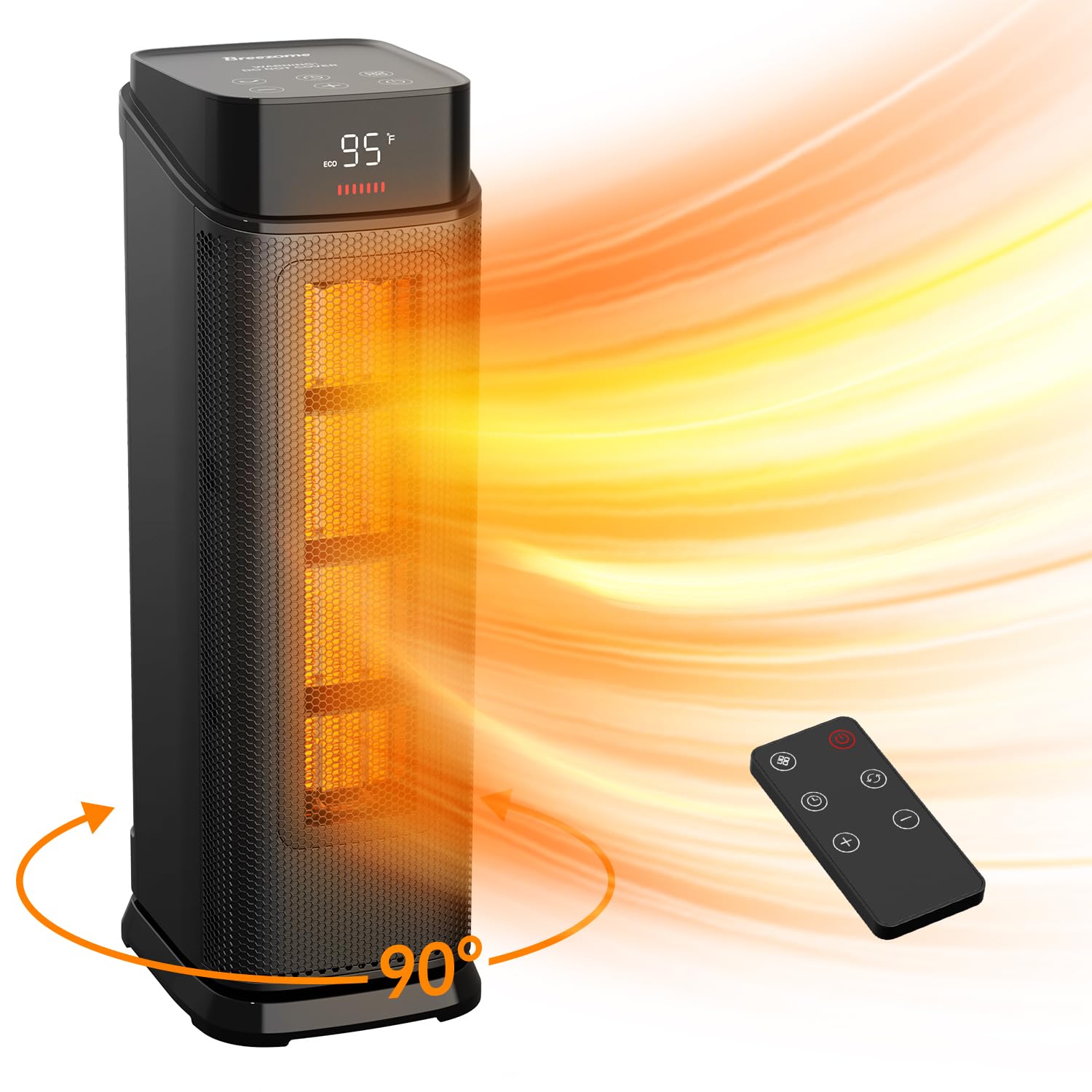 Calentador de ambiente BREEZOME para interiores, 1500 W, PTC, portátil, eléctrico, con termostato, oscilante de 90°, temporizador de 24 horas, silencioso, de cerámica, de seguridad, con control remoto, para dormitorio y oficina.