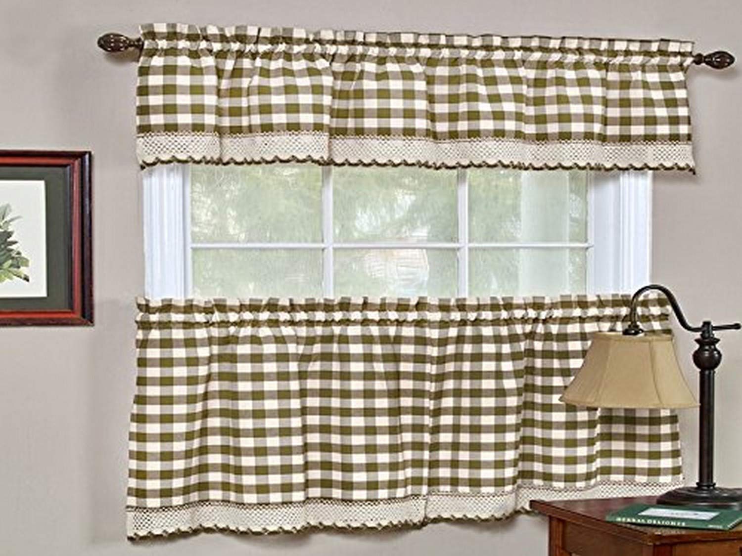 Sweet Home Collection Buffalo Check Gingham Kitchen Window Curtains Valance Set, 36" Tier, Taupe
