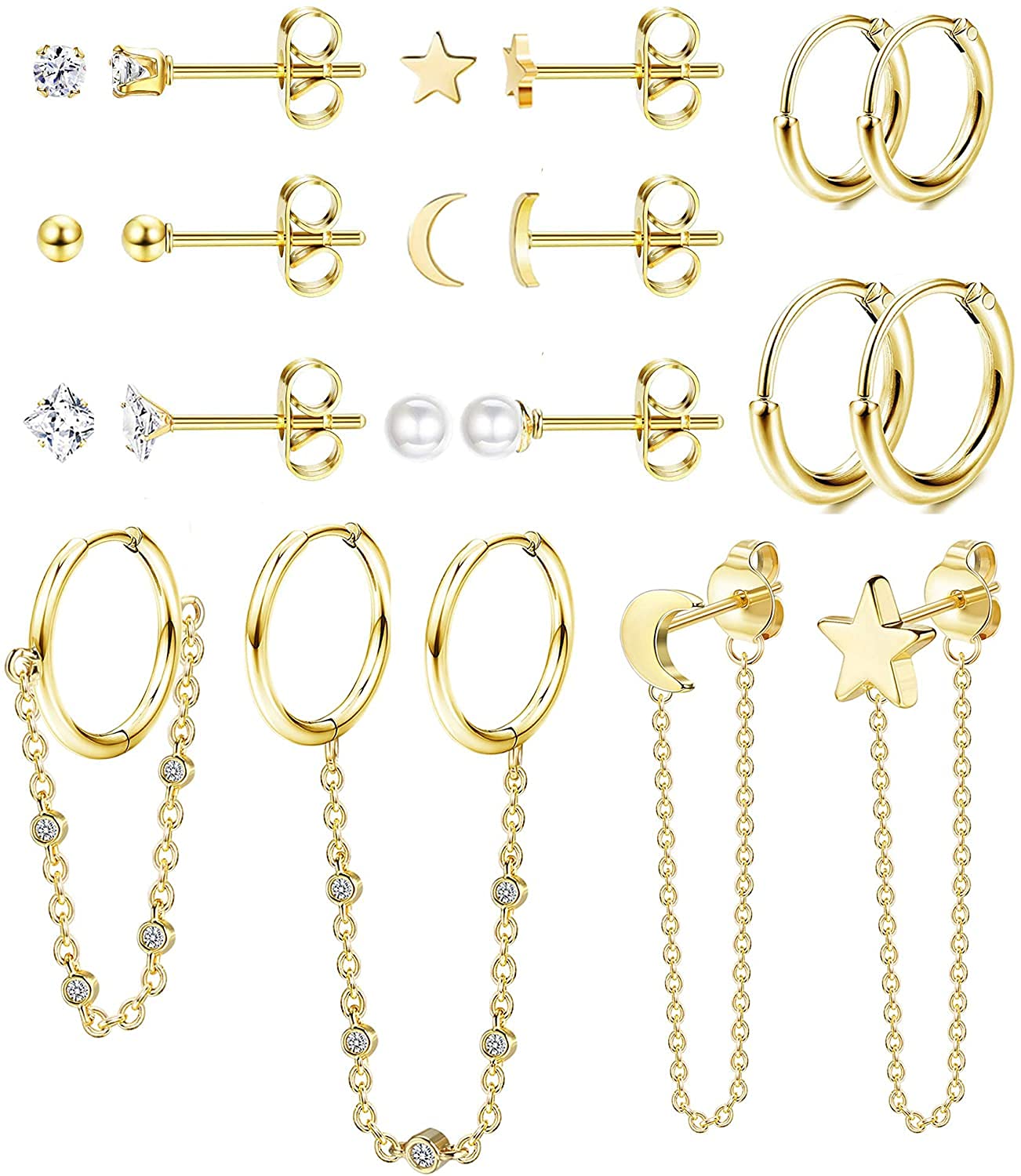 LOLIAS 10 Pares Pendientes Aro Colgantes Pendientes Tachuelas Pendientes Cartílago Circonita Cúbica Para Mujer Juego Tachuelas perla Luna Estrella Diminuta Joyería