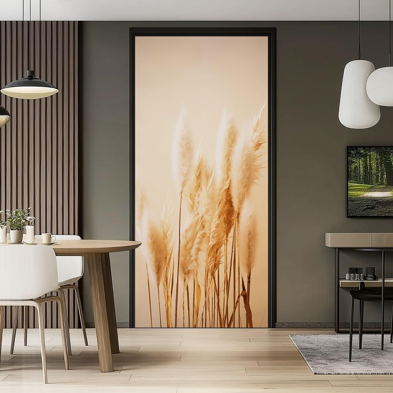 Autocollant Porte 77 x 200 cm Poster de Porte Stickers Muraux, Nature Plantes Herbe De La Pampa Photographie Beige - pour Décoration Mur Salon Cuisine Chambre Salle de Bain Papier