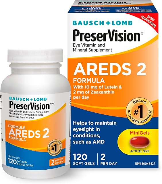 PreserVision AREDS 2 Supplément de Vitamines & Minéraux pour les Yeux, Contient Lutéine, Vitamine C, Zéaxanthine, Zinc, Vitamine E, Suppléments de Santé Oculaire pour Adultes, 120 Mini Gélules (l'emballage peut varier)