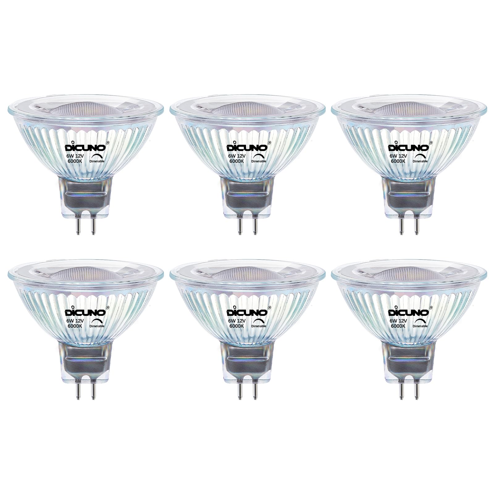 DiCUNO GU5.3 LED Lampe dimmbar 6W (ersetzt 60W Halogen), MR16 LED Spot, 6000K Kaltweiß, 420lm, 12V, 40° Abstrahlwinkel, CRI 82, Bi-Pin Sockel, ideal für Einbauleuchten, 6er Pack