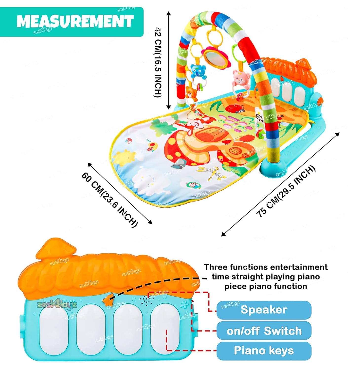 Zest 4 Toyz Baby Play Mat Gym & Fitness Rack with Hanging Rattles Lights & Musical Keyboard Mat Piano Multi-Function (Made in India) - Image 3 thumbnail