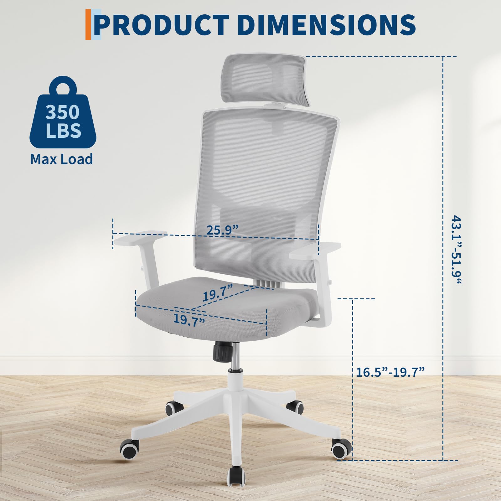 Silla de Oficina ergonómica de Respaldo Alto – Malla Transpirable – Reposacabezas y Soporte Lumbar Ajustables – Brazos abatibles – Respaldo reclinable y Base giratoria – Marco Blanco/Malla Gris