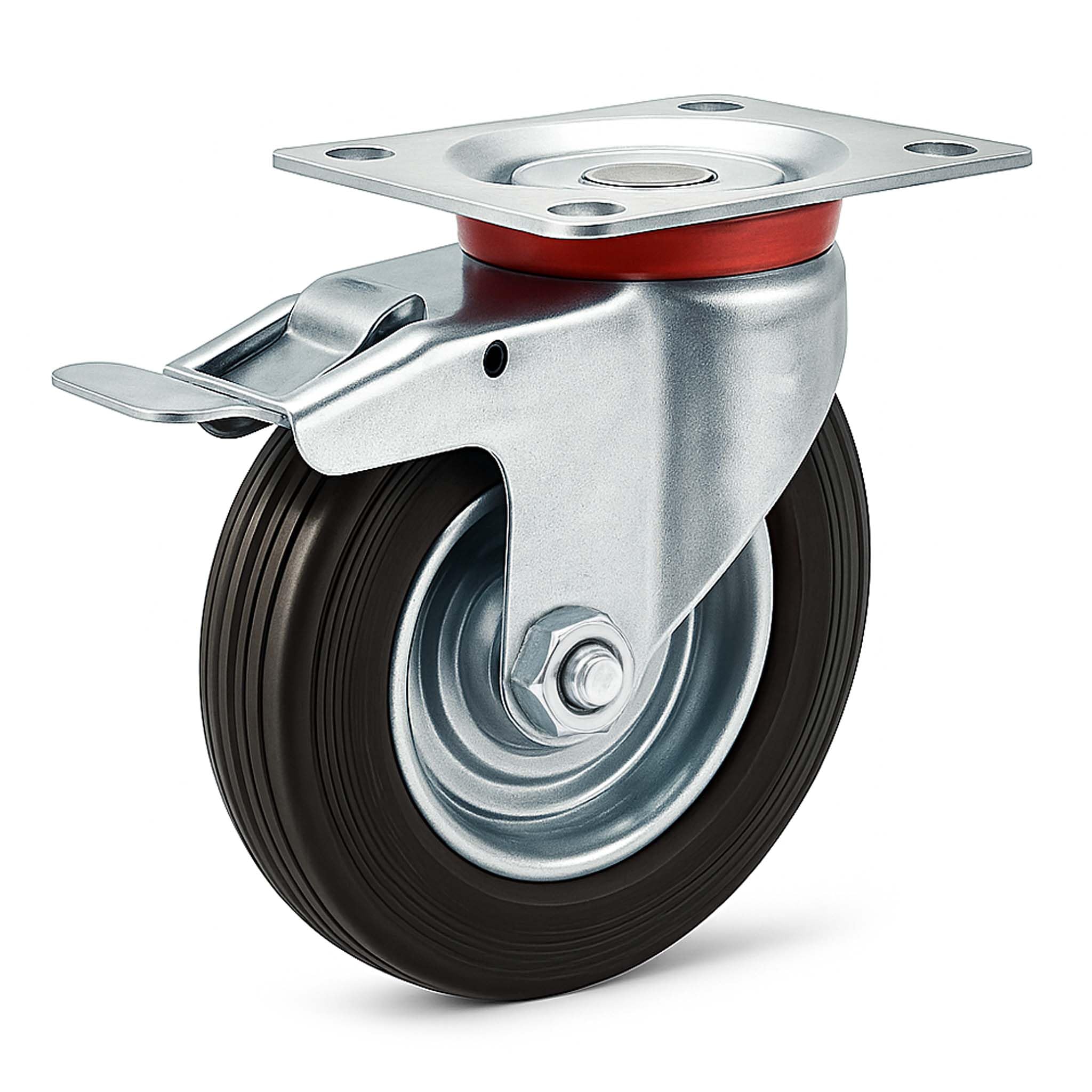 Wiltec Roulette pivotante Blocage double – Ø 100 mm – Capacité 70 kg – en Caoutchouc – Roue avec Frein et Plaque de montage – Transport Appareil Accessoire Meuble – Usage silencieux sans trace