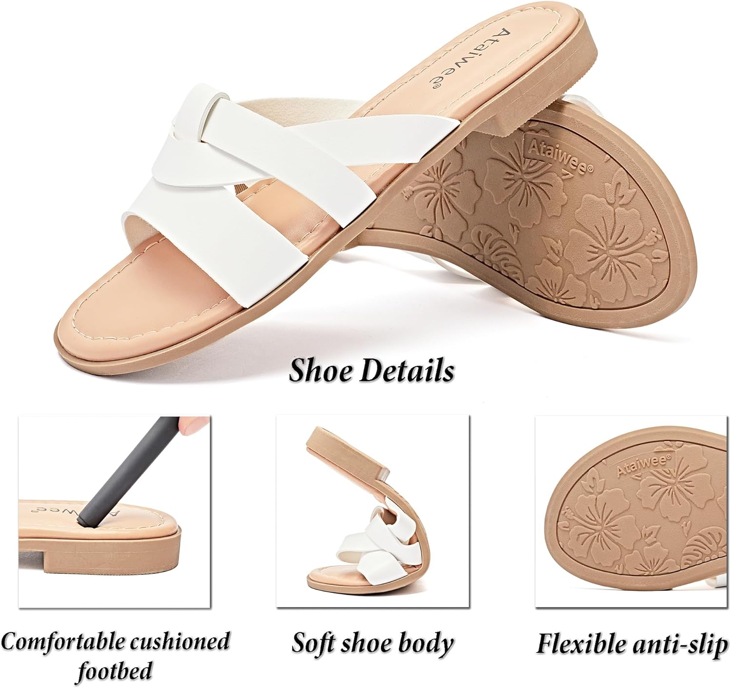 Ataiwee Women's Flat Slide Sandals - Ladies Casual Slip On Criss Cross Strap Summer Dress Slide Sandals. 4