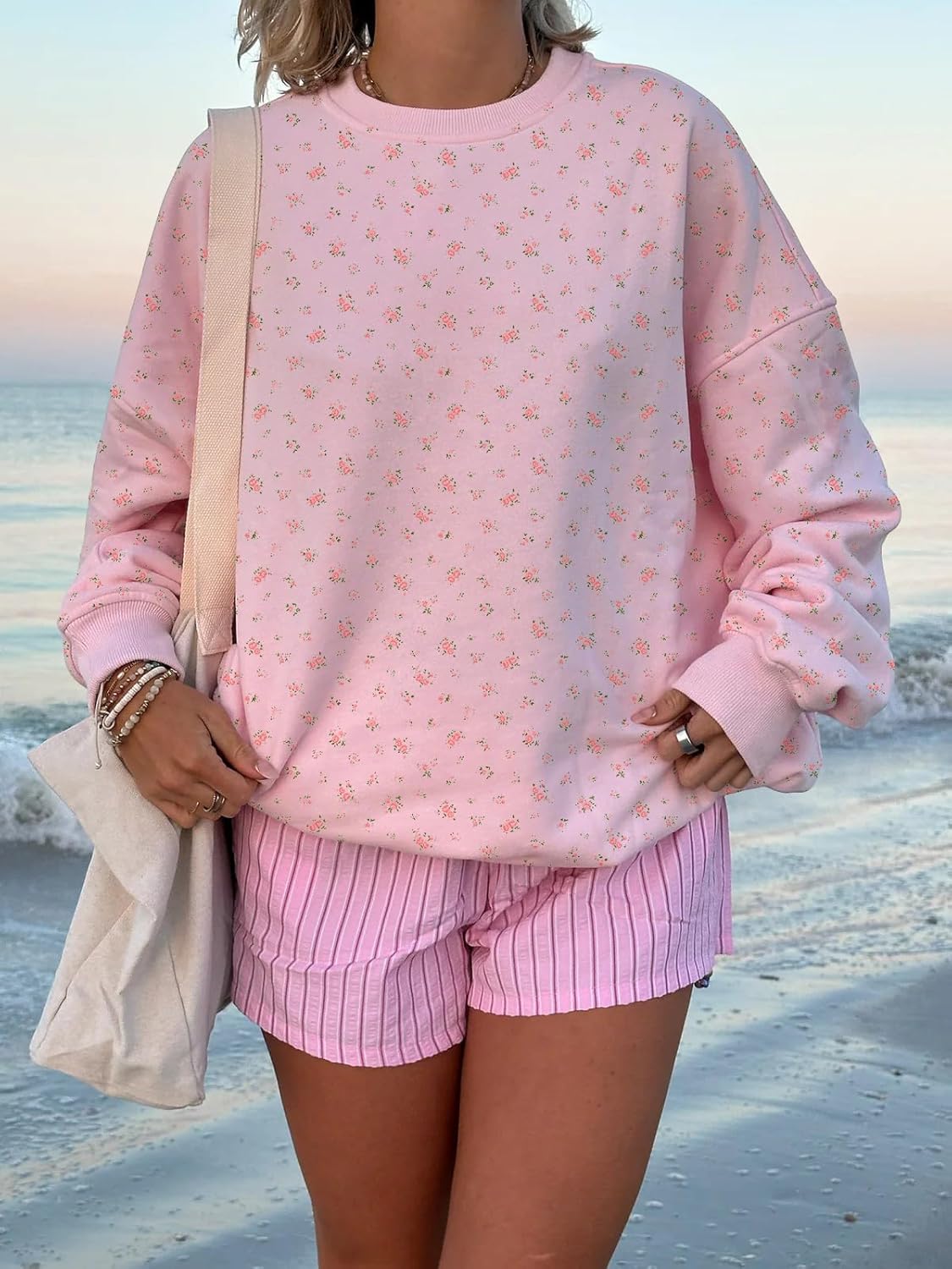 Womens Y2k Ditsy Floral Oversized Crew Neck Sweatshirts Fleece Long Sleeve Casual Pullover Fashion Hoodies - Image 2