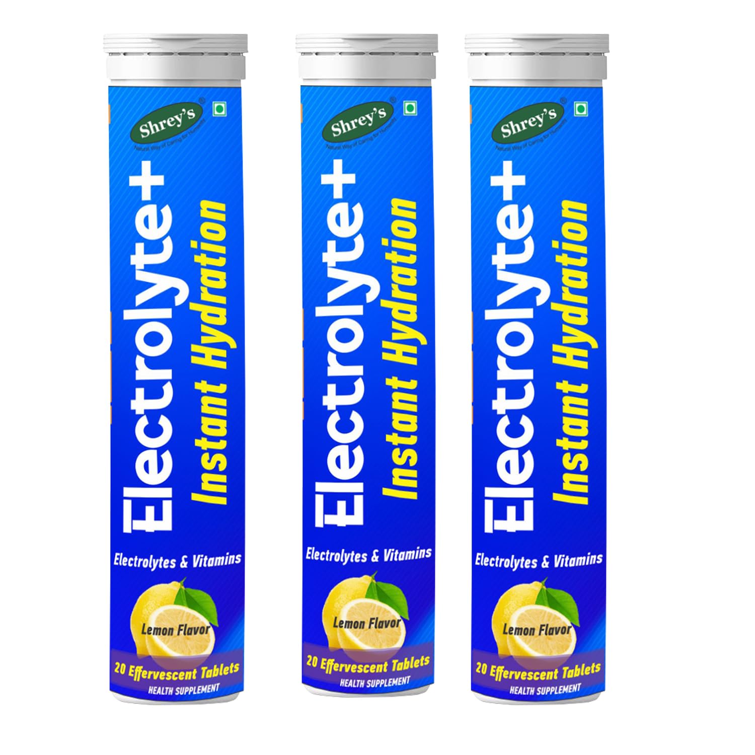 Shrey’s Electrolyte+, Instant Hydration – 20 Effervescent Tablets (Electrolytes & Vitamins), Lemon Flavour (Pack of 3)