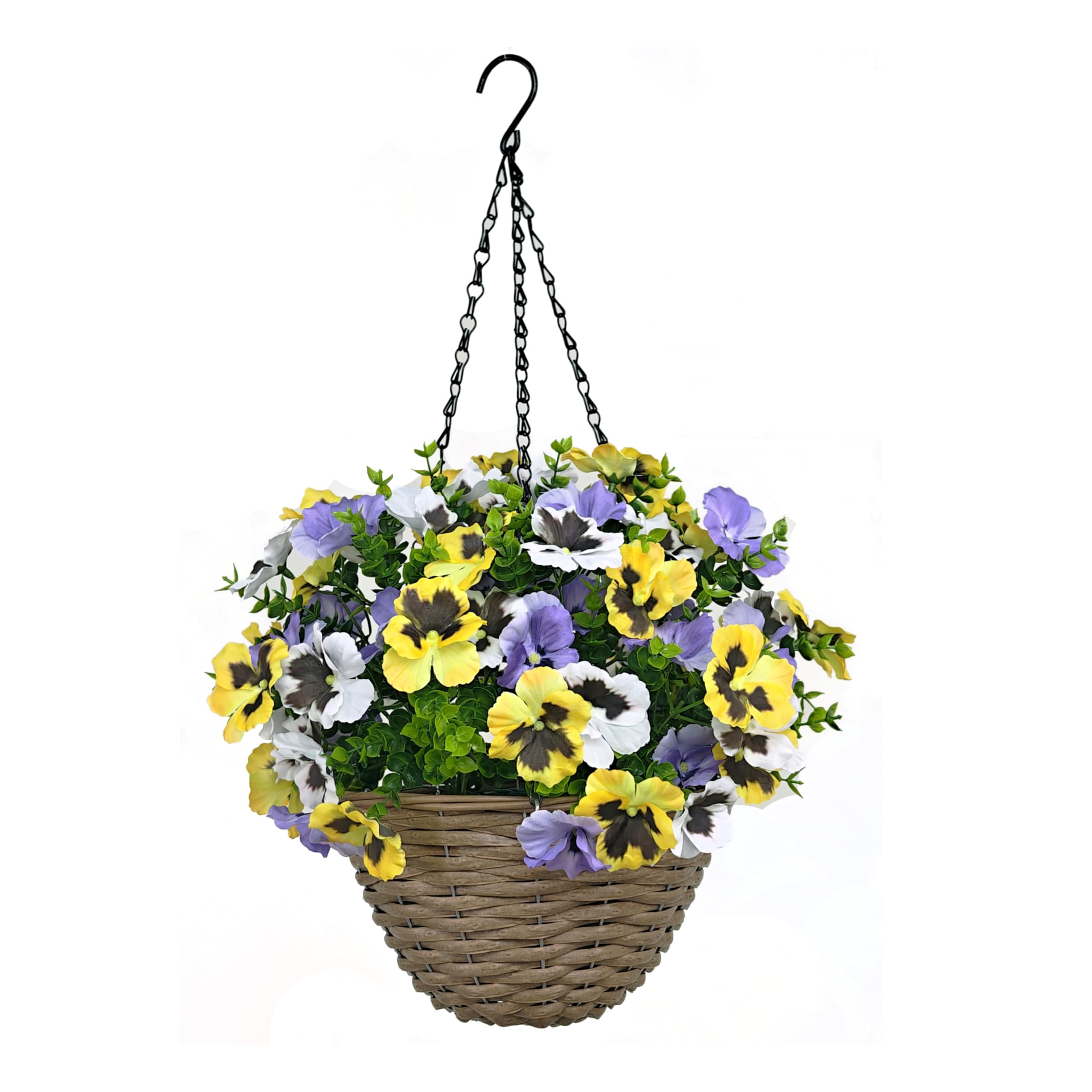 365 Blooming Decor Inc. Pansy//Yellow Purple & White 365 Blooming Decor 22” Premium Artificial Hanging Basket, Yellow Purple & White Lifelike Spring Flowers, Easy Assembly Wicker Planter With Chain For Porch, Patio, Balcony & Home Décor