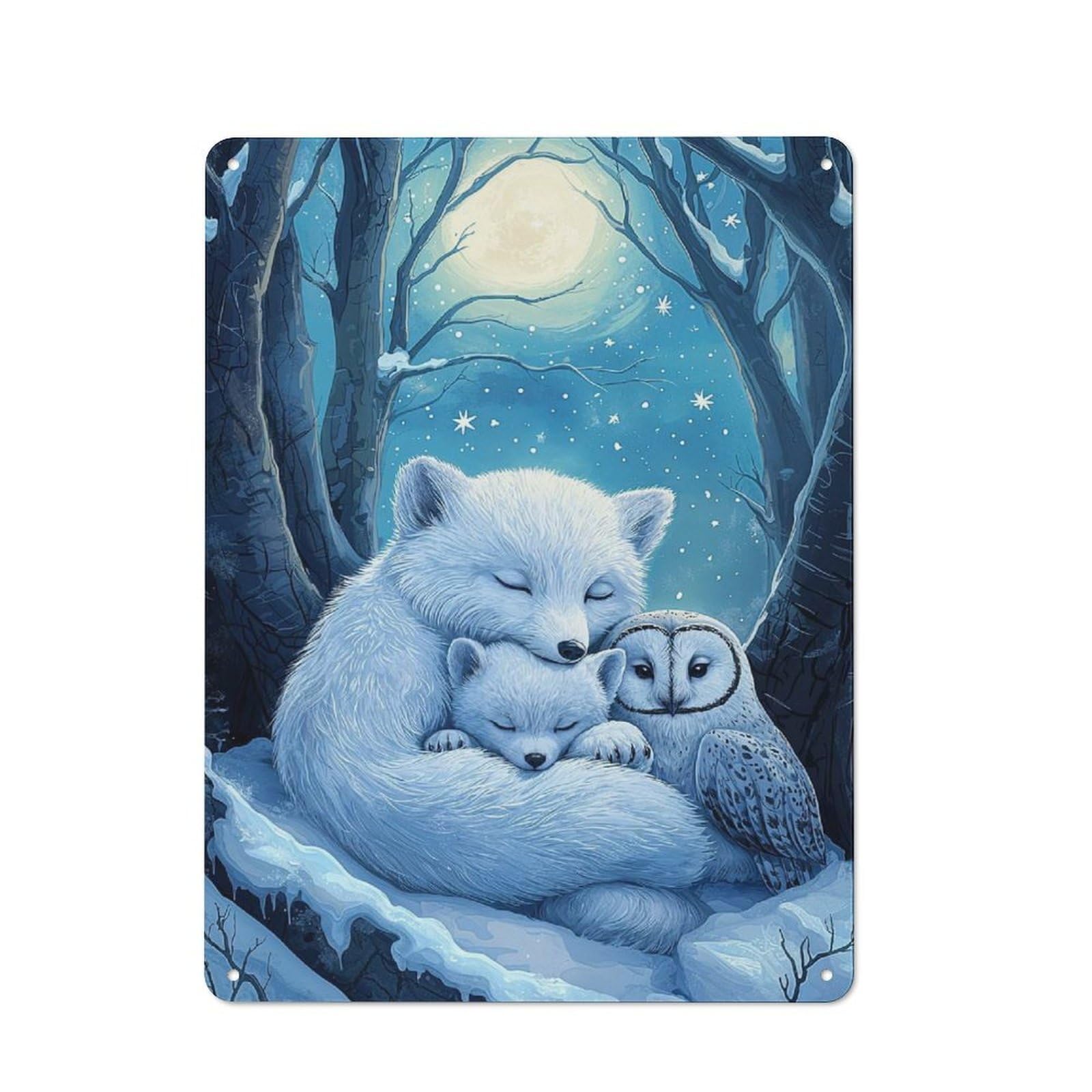 Industrial Metal Sign with Arctic Fox Family Design 40x30cm, Modern Retro Loft Wall Plaque for Workspace, Cafe, Hallway Or Garage