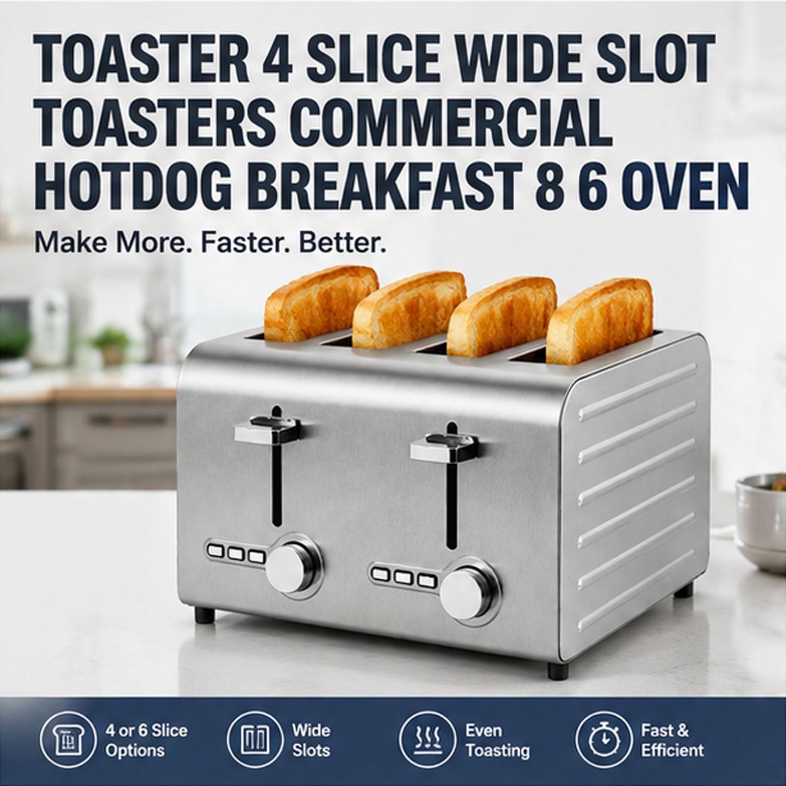 Tostadora commerciale a 4/6 slot, tostapane automatico pop-up con 7 ° impostazioni di abbronamento, annullare/scongelare/avvio a un tasto, vassoio di briciola rimovibile, per muffin, vass 4slices