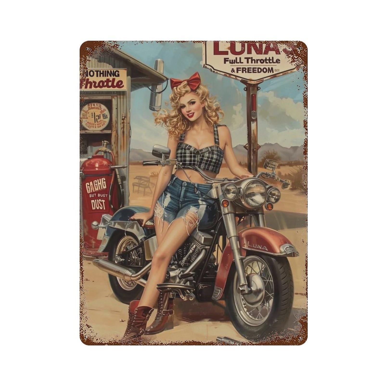YHGERTKU Route 66 Pin Up Cowgirl Motorcycle 03 Wall Art Retro Iron Vintage Metal Tin Sign Poster Modern Decor for Living Rooms Gift 40x30cm