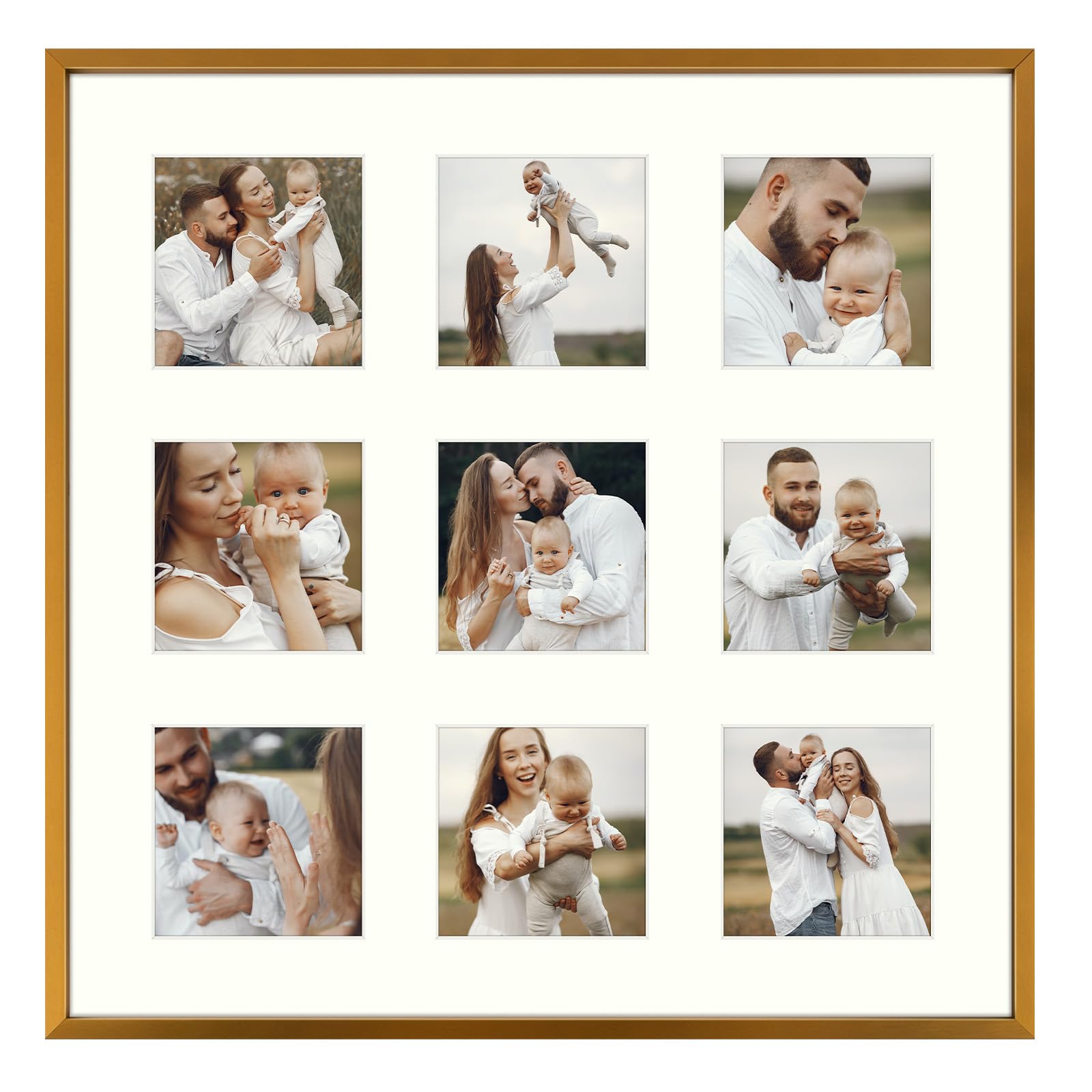 Golden State Art, 4x4 Aluminum Collage Frame, Displays 4 x 4 Pictures With 9 Openings Mat or One 16x16 Photo, Real Glass, Wall Display, Bronze, 1 Pack
