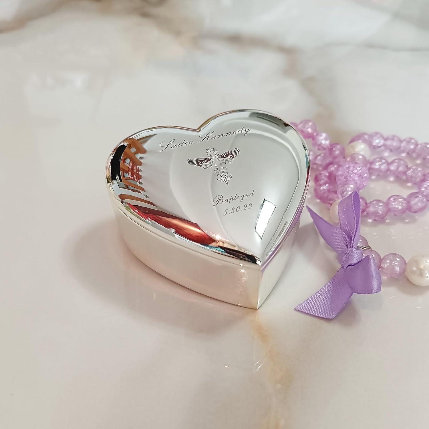Personalized Heart Jewelry Keepsake Box, Anniversary for Friend Co-worker Wife or Daughter gifts with Custom Engraved Name or Initials, Silver Toned - Image 6