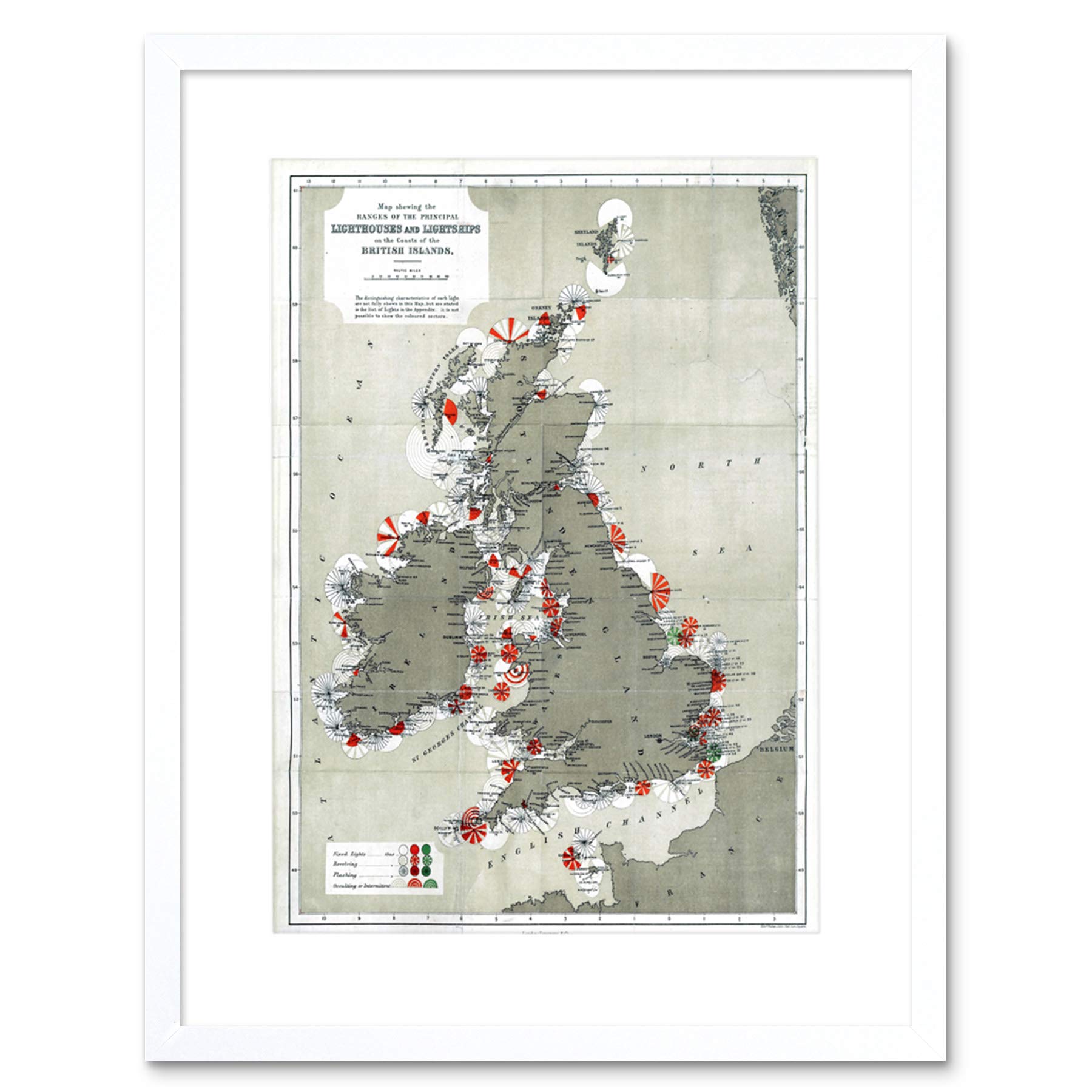 Wee Blue Coo Map Antique 1884 Price Lighthouses Lightships British Isle Framed Wall Art Print