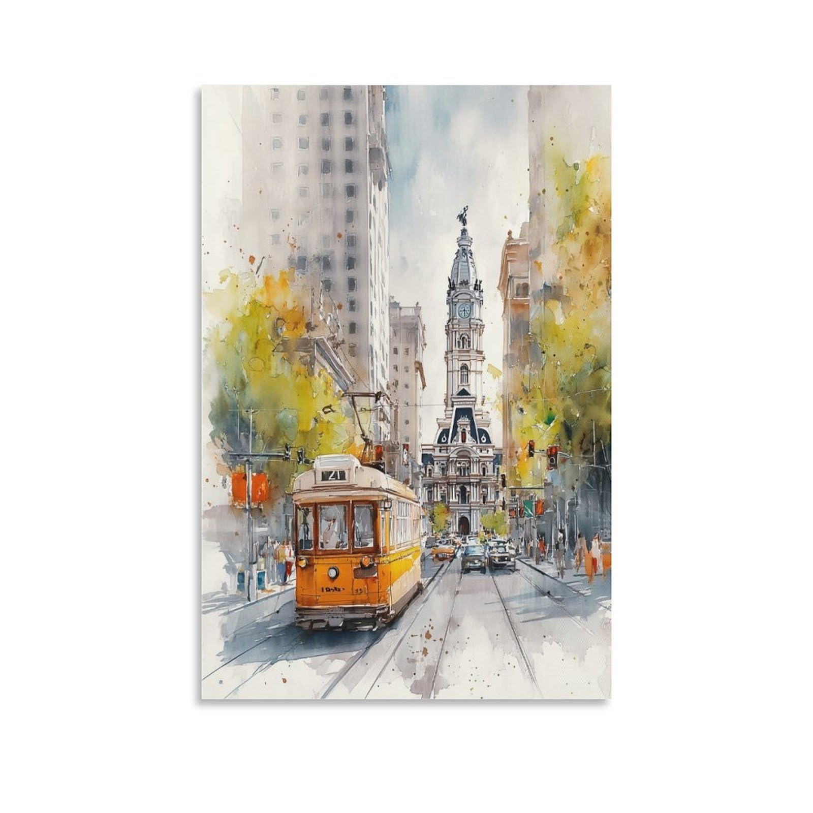 XWYMXZ Philadelphia City Hall 20x30inch(50x75cm) Vintage Travel Poster Watercolor Canvas Art