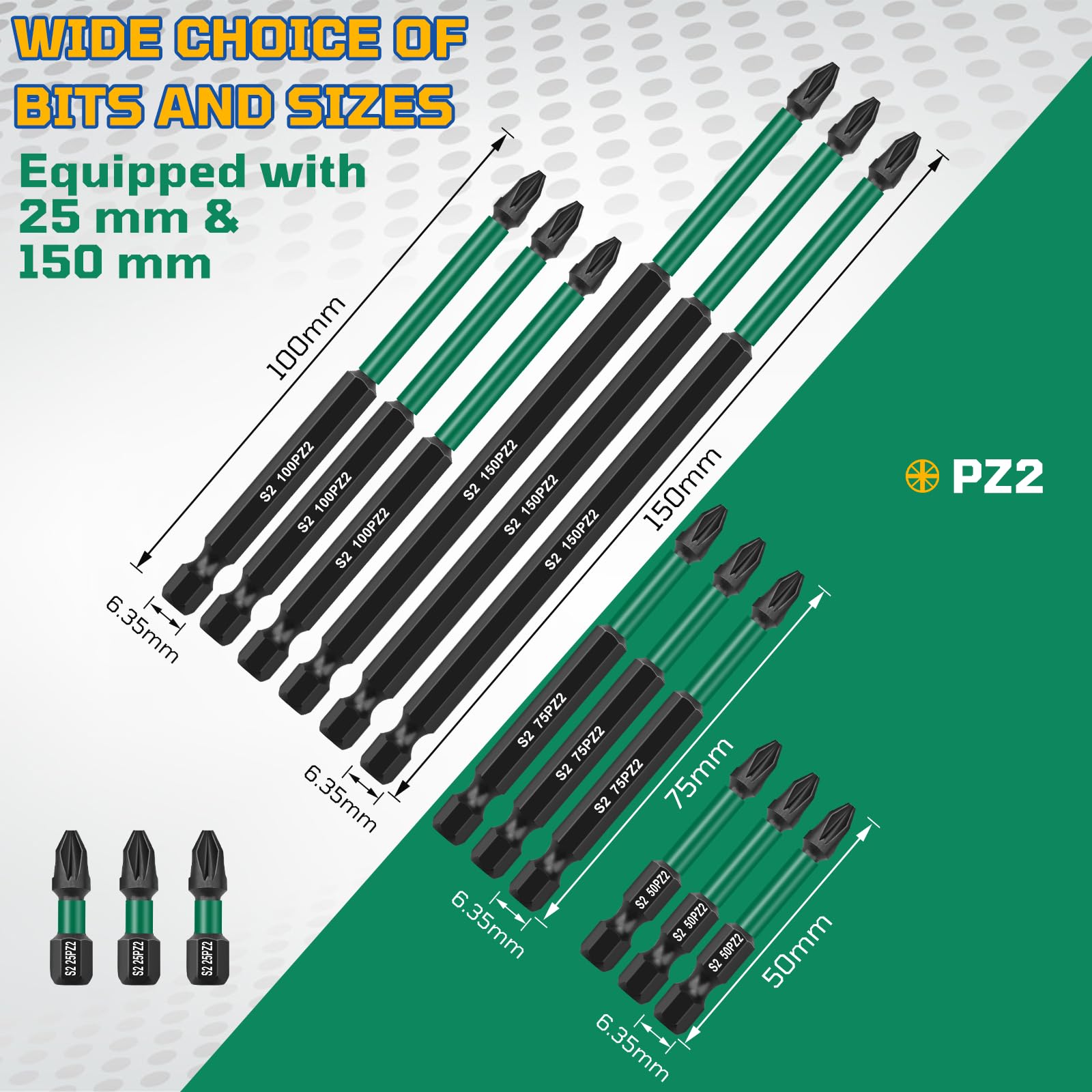 Magnetic Impact Driver Bits, 15Pcs PZ2 Screwdriver Impact Bit 150mm 100mm 75mm 50mm 25mm for Pozi Pozidriv Heavy Duty - Image 3