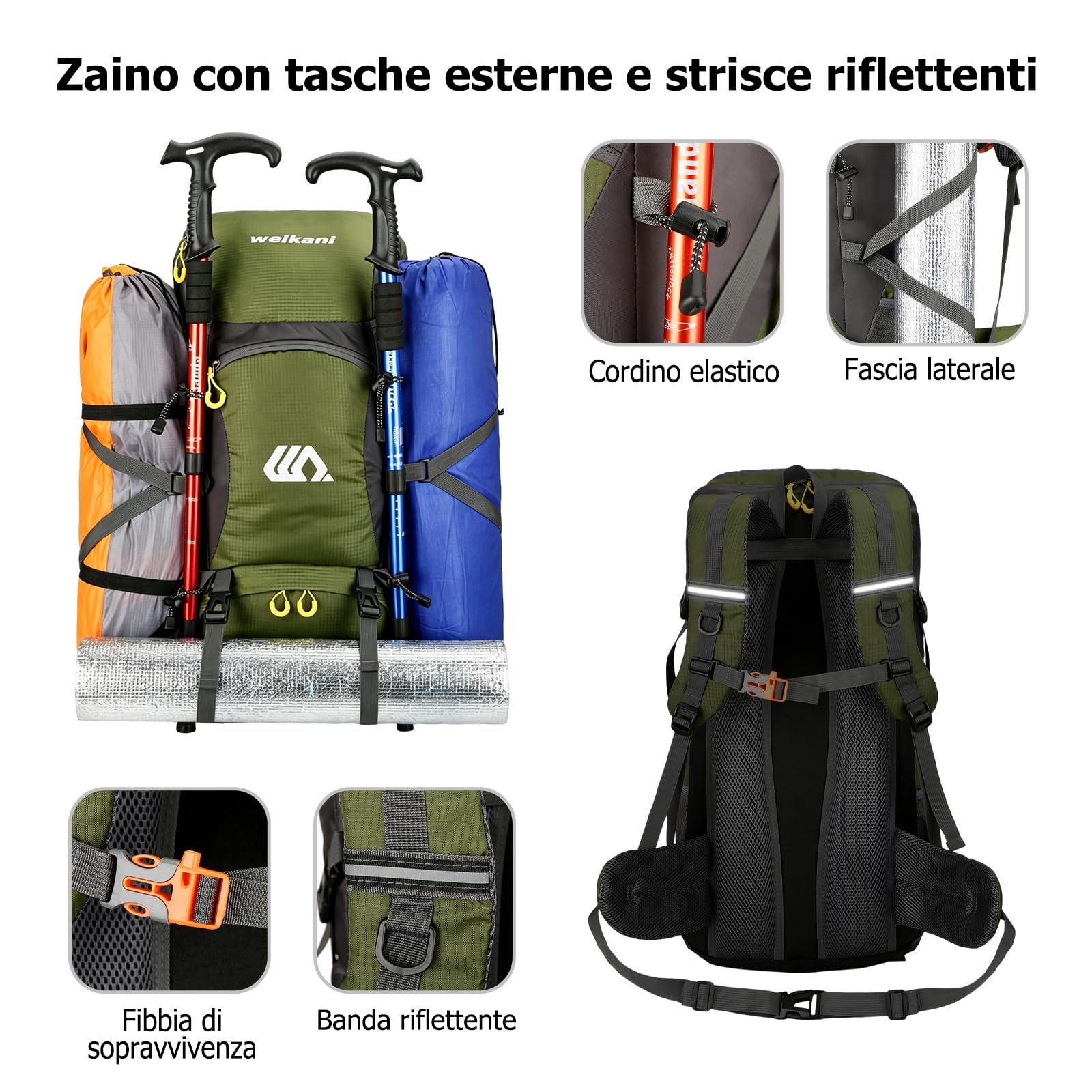 Zaino da Trekking 50L Zaino da Giorno Idrorepellente in Nylon Zaini Campeggio con Cinghie Riflettenti Vani Multipli Backpack Viaggio Arancione