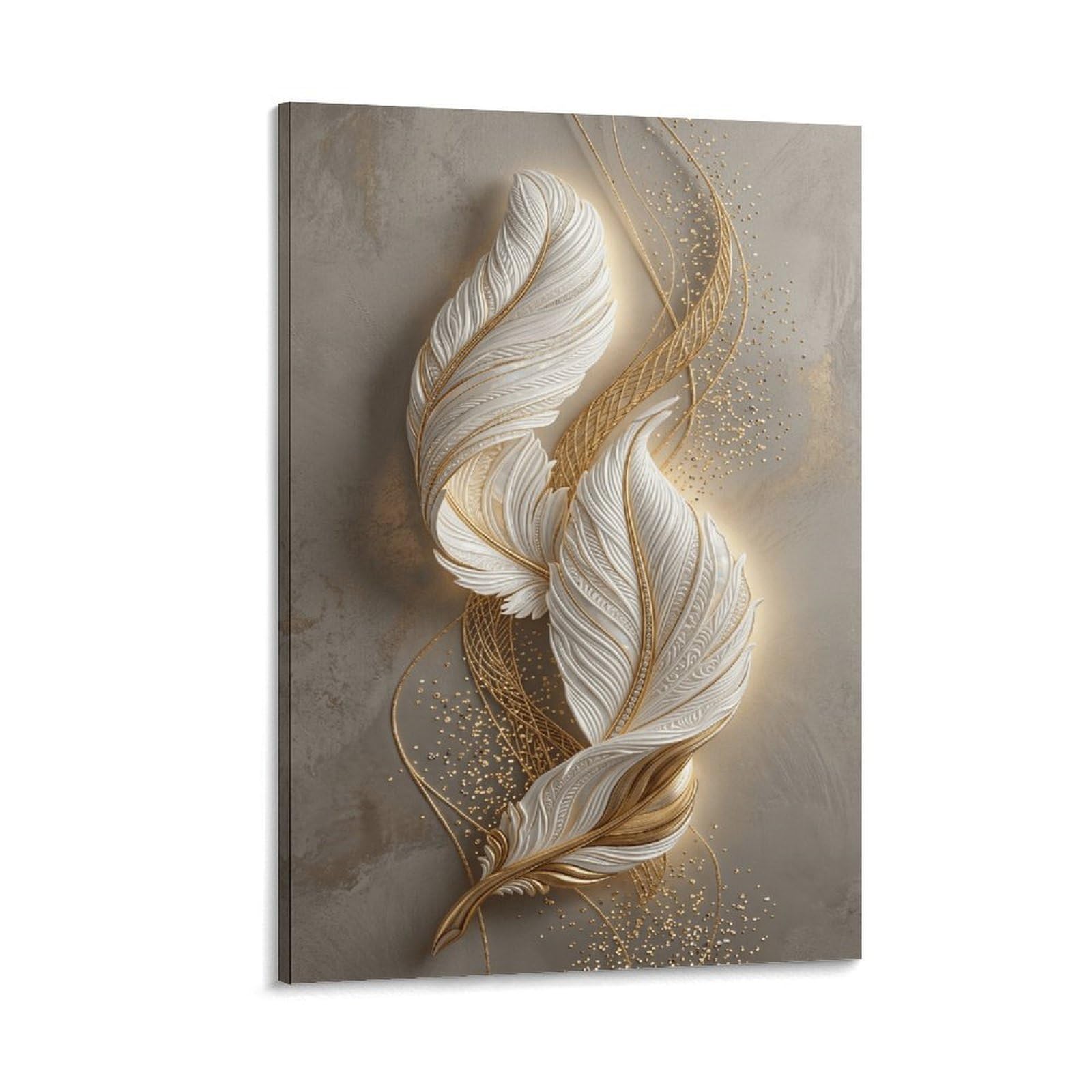 XPASHIQWC White & Gold Feather Wall Decor Poster Canvas Prints Picture Modern Wall Art Picture Wall Hanging for Home Decorations 20x30inch(50x75cm)