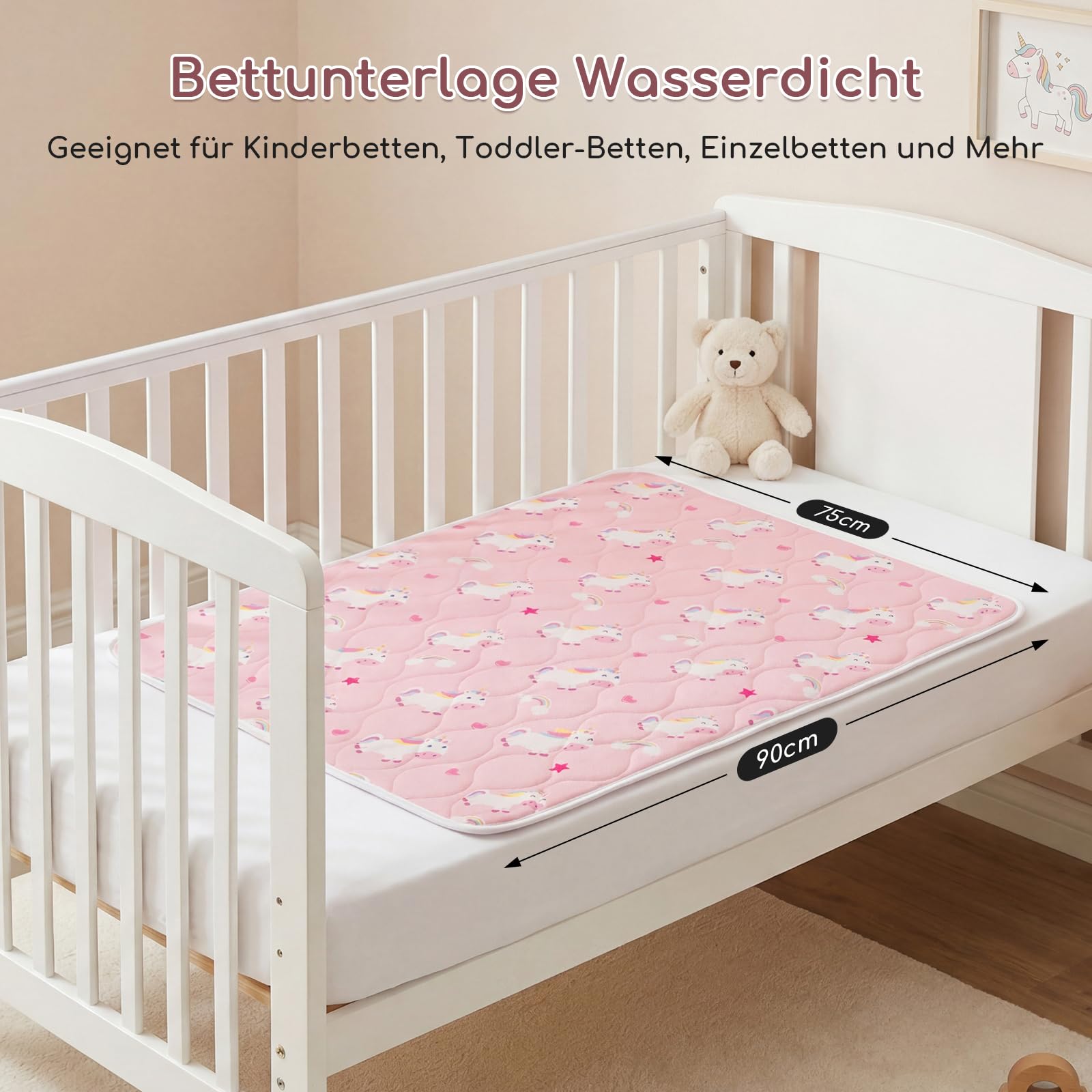 2er-Pack Bettunterlage Wasserdicht Kinder, Waschbar PIPI Unterlage Bett Kinder, Betteinlage Inkontinenz Bettunterlage 75x90 cm (Rosa Einhorn)