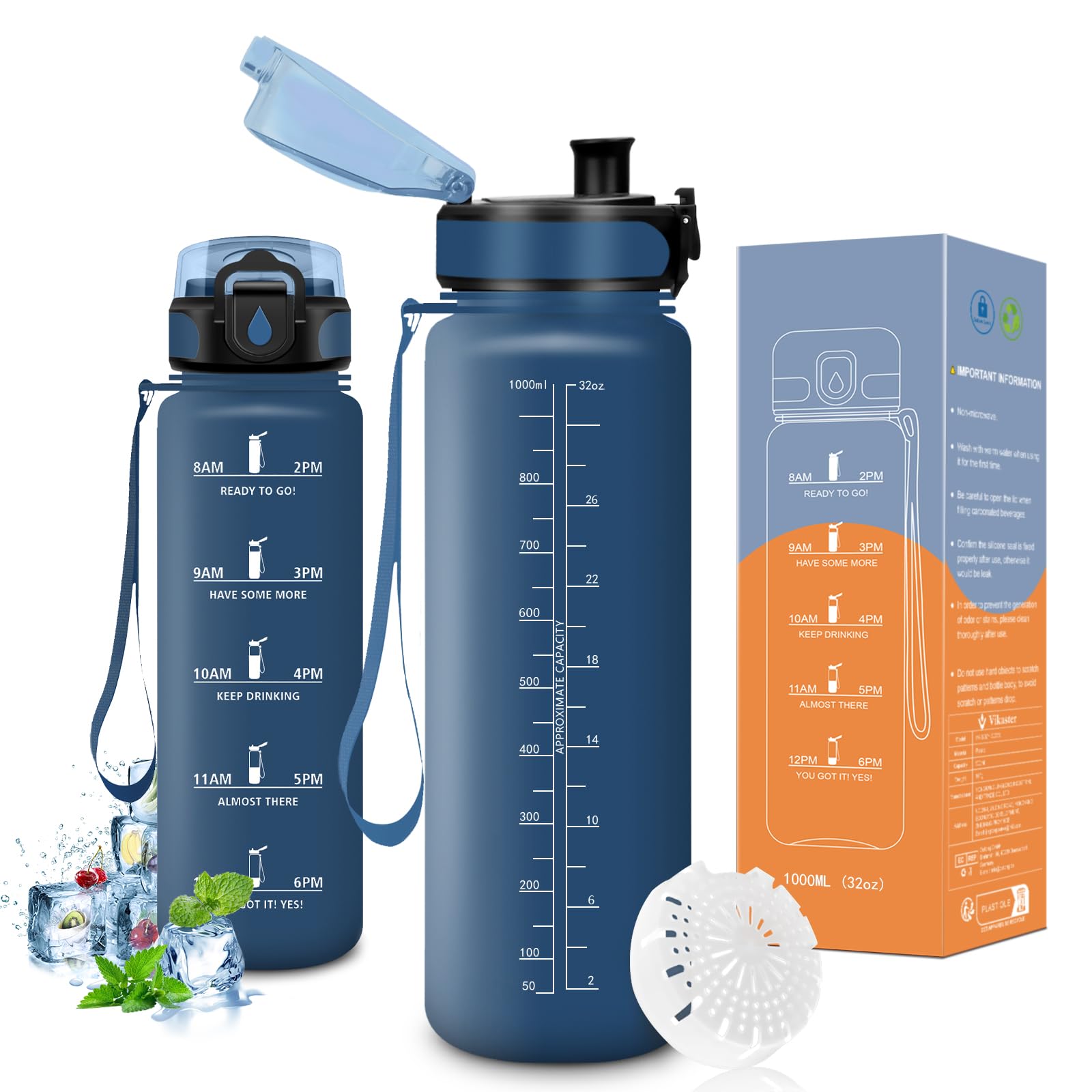 Vikaster Borraccia Sportiva, Borraccia 500ml/1000ml/1500ml, Senza BPA & Prova di Perdite, Bottiglia Acqua Bambini, Bici, Scuola, Palestra, Ufficio, Yoga